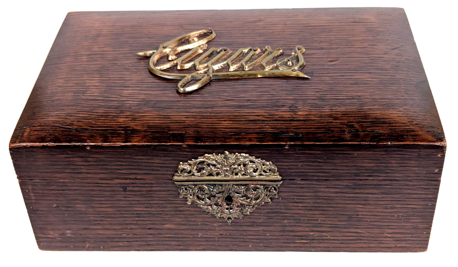 Vintage Cigar Humidor Wooden Oak Copper Lined MCM Box Table Top Hinged Lid
