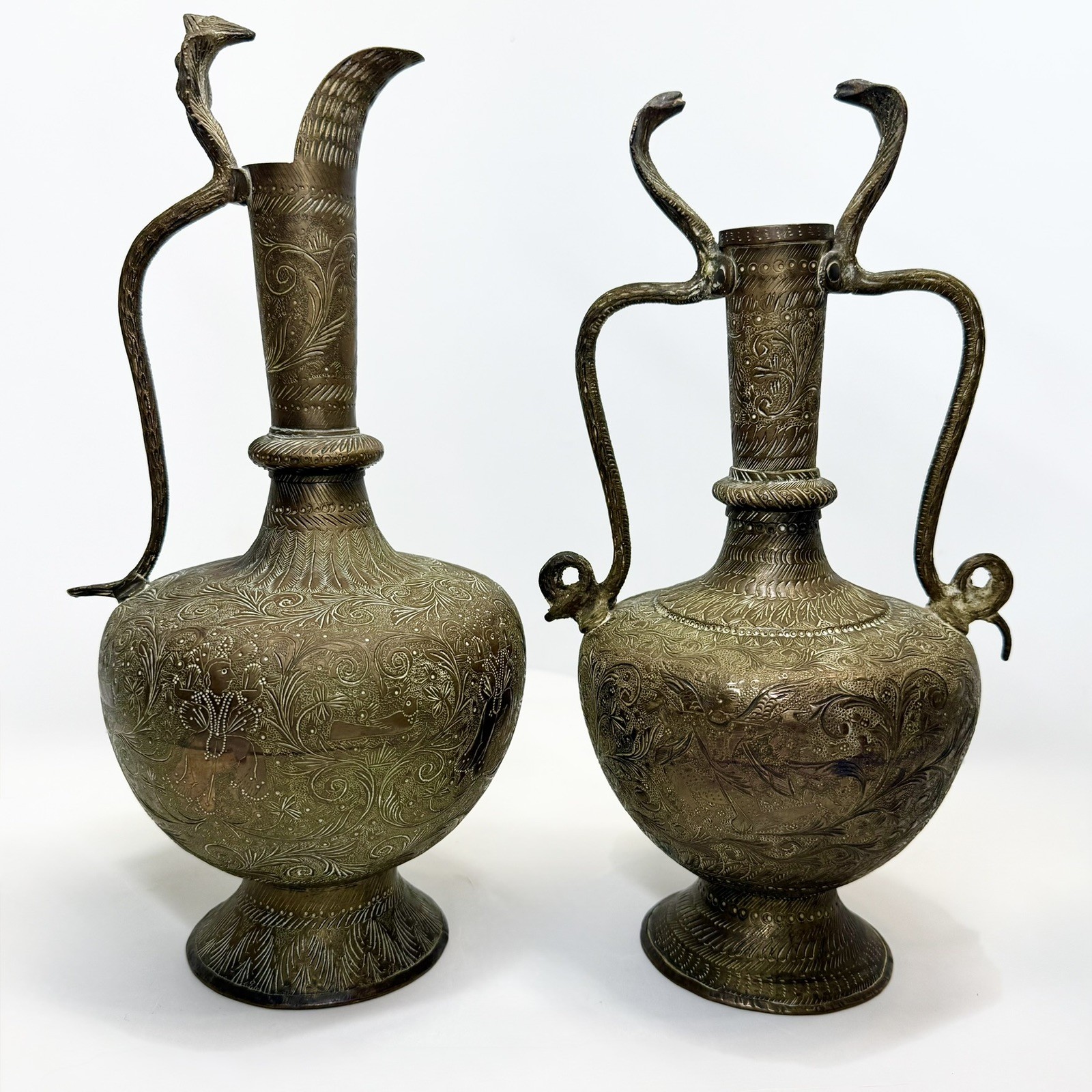 Set (2)Antique 19th c Copper Indian Pitcher/Ewer HandChased Cobra Detailed 10.5”
