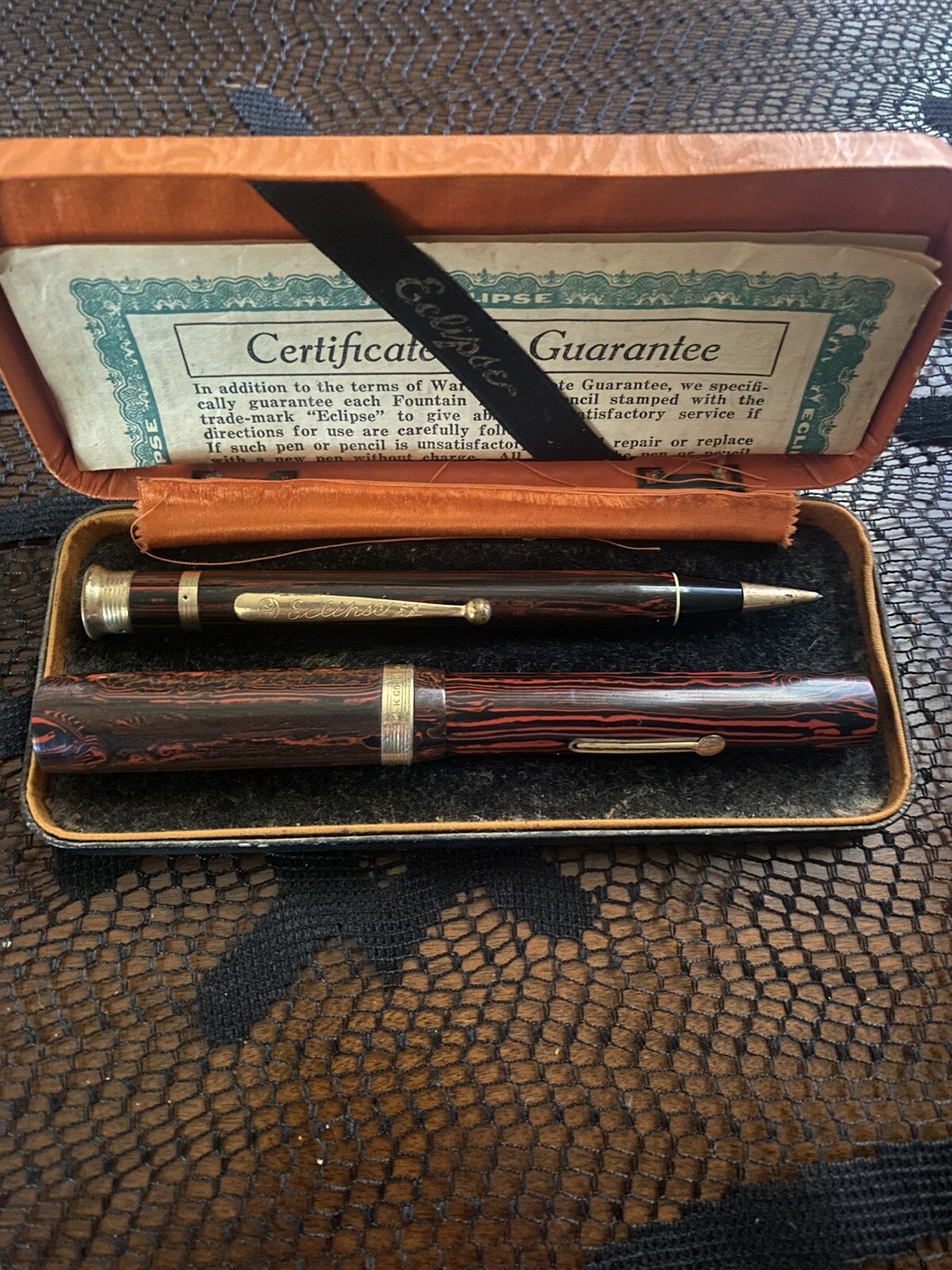 Eclipse 14k Gold Filled Fountain Pen And Pencil Vintage Set With Certificate