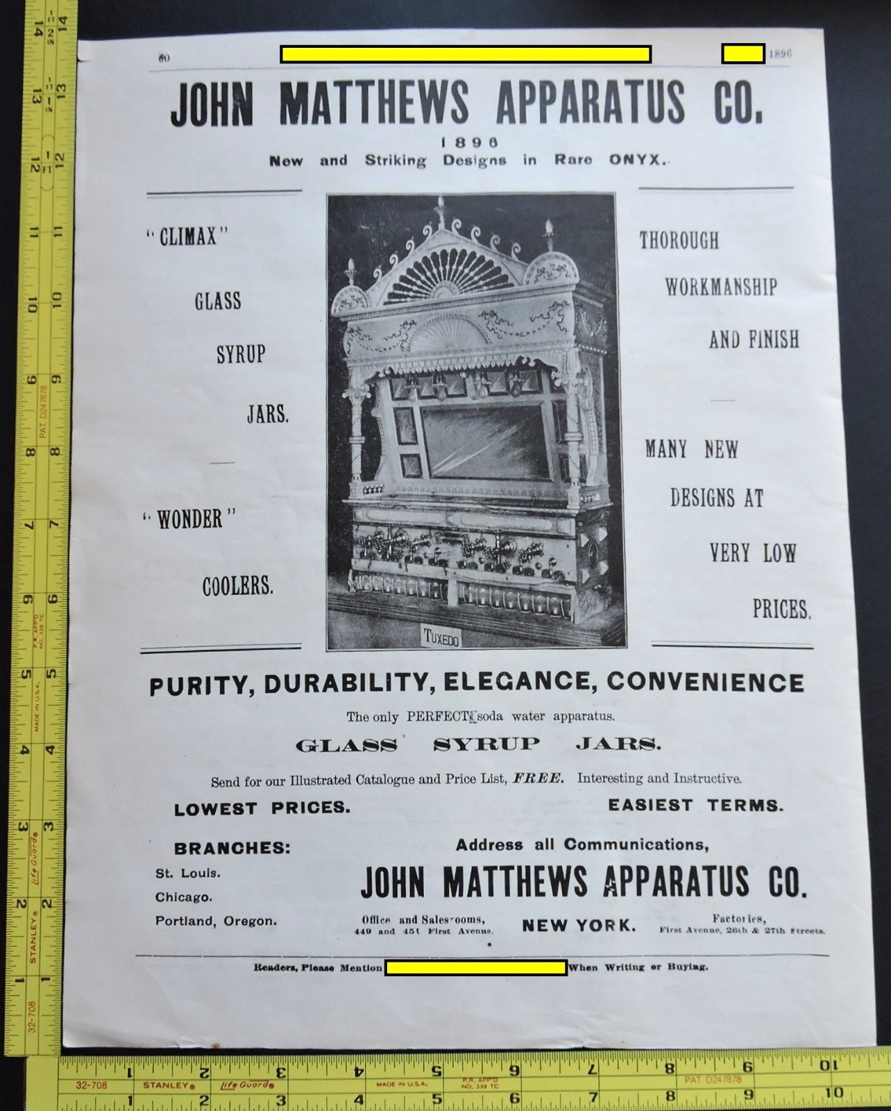RARE Antique 1896 Ad - John Matthews Apparatus Co Soda Fountain Vtg