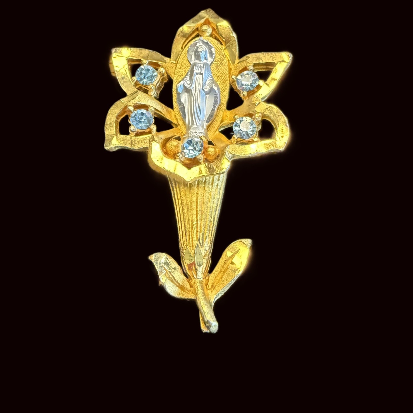 Vintage Our Lady Religious Brooch Gold‑Tone Lily Flower Pin with Blue Rhinestone
