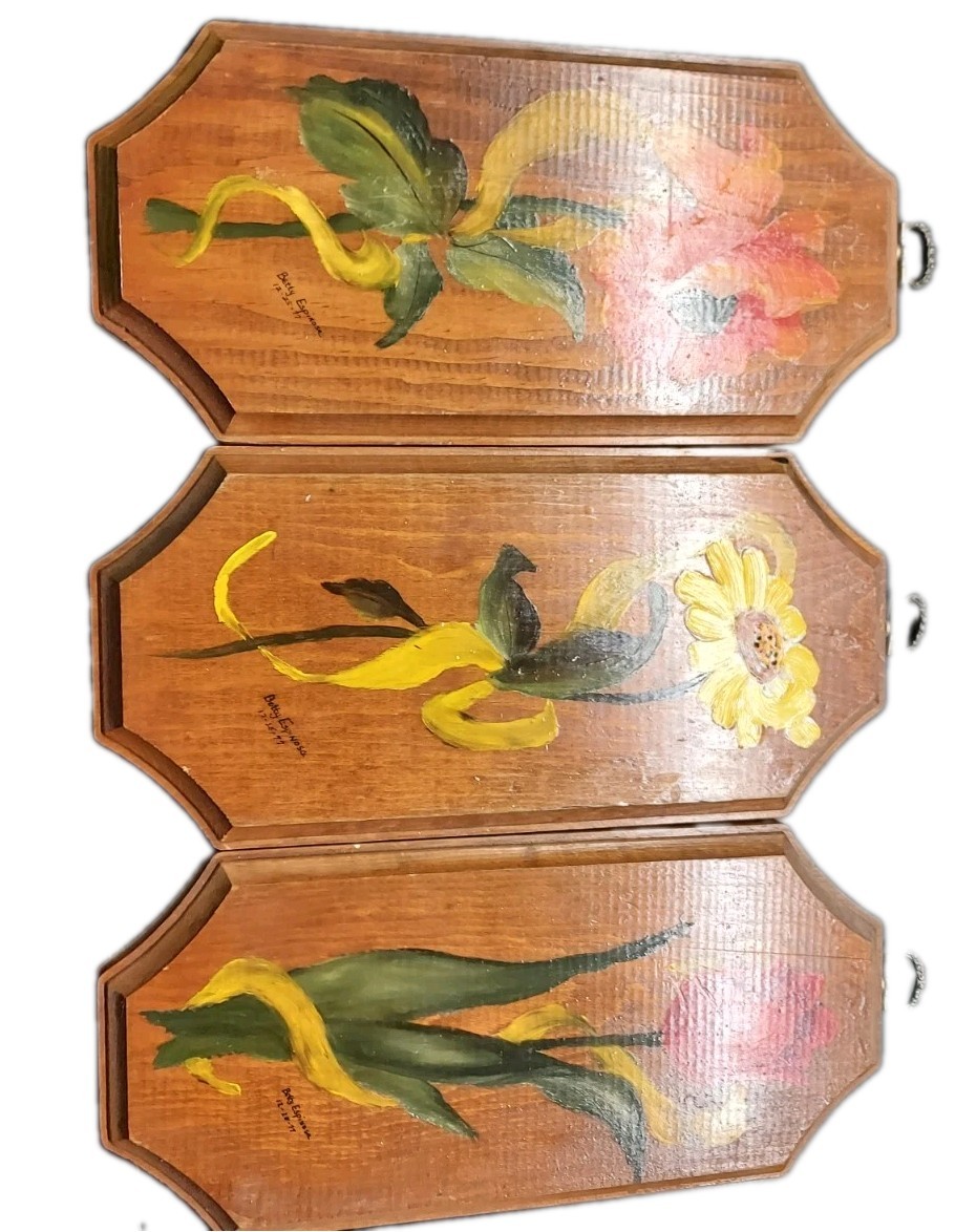 Set 3 Vintage Hand Painted Floral Wood Wall Plaques Cottage Decor Gallery Wall
