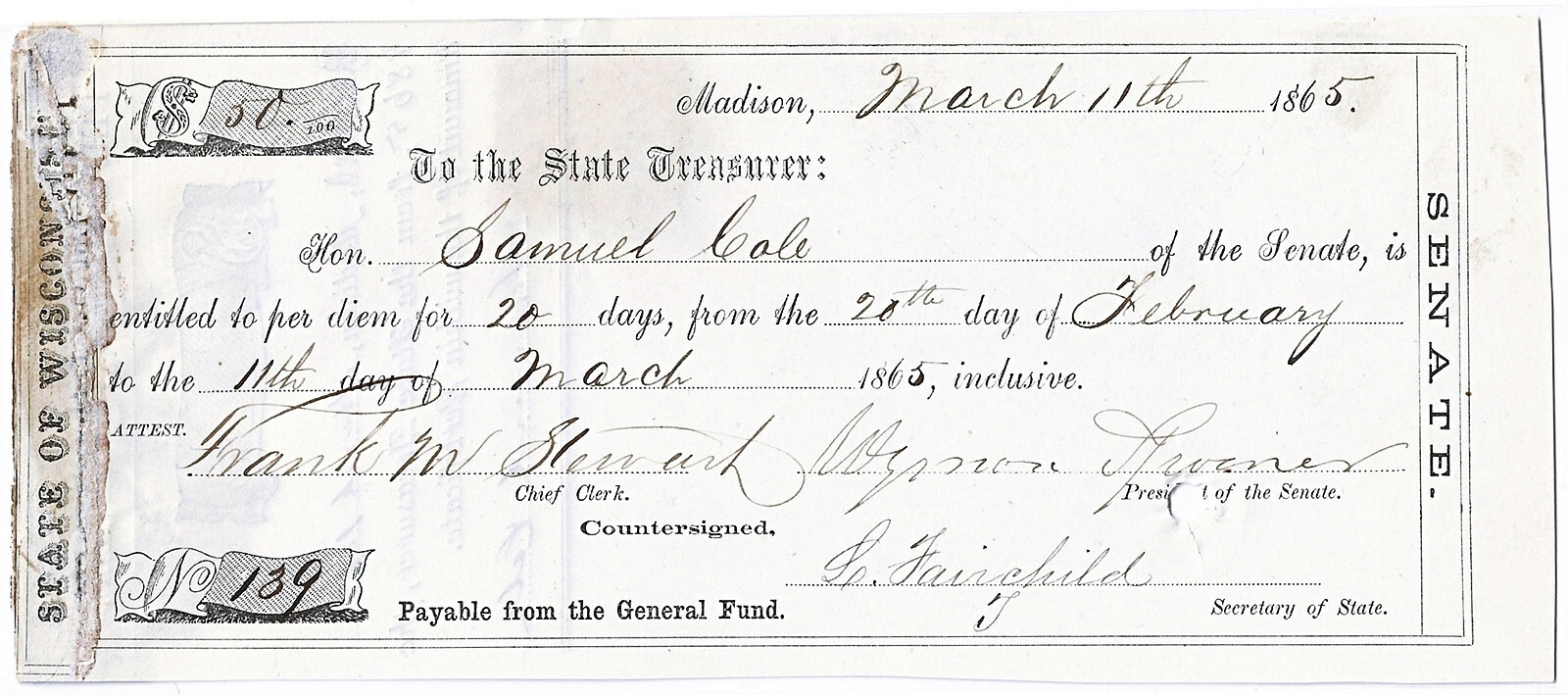 1865 WISCONSIN SCRIP $50 “Judge” Spooner, Abolitionist Signed 1865 WISCONSIN SCRIP $50 “Judge” Spooner, Abolitionist Signed