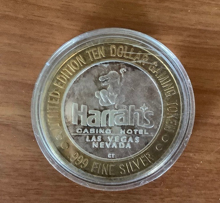 HARRAH'S LAS VEGAS $10 CASINO STRIKE .999 SILVER STEAMBOAT 1994 in case