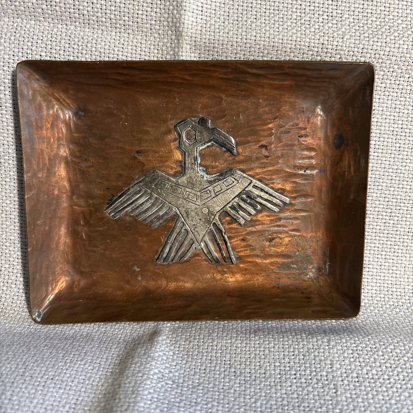 Vtg Fred Harvey Era Hammered Copper Thunderbird Trinket Tray Pin Dish 3.5