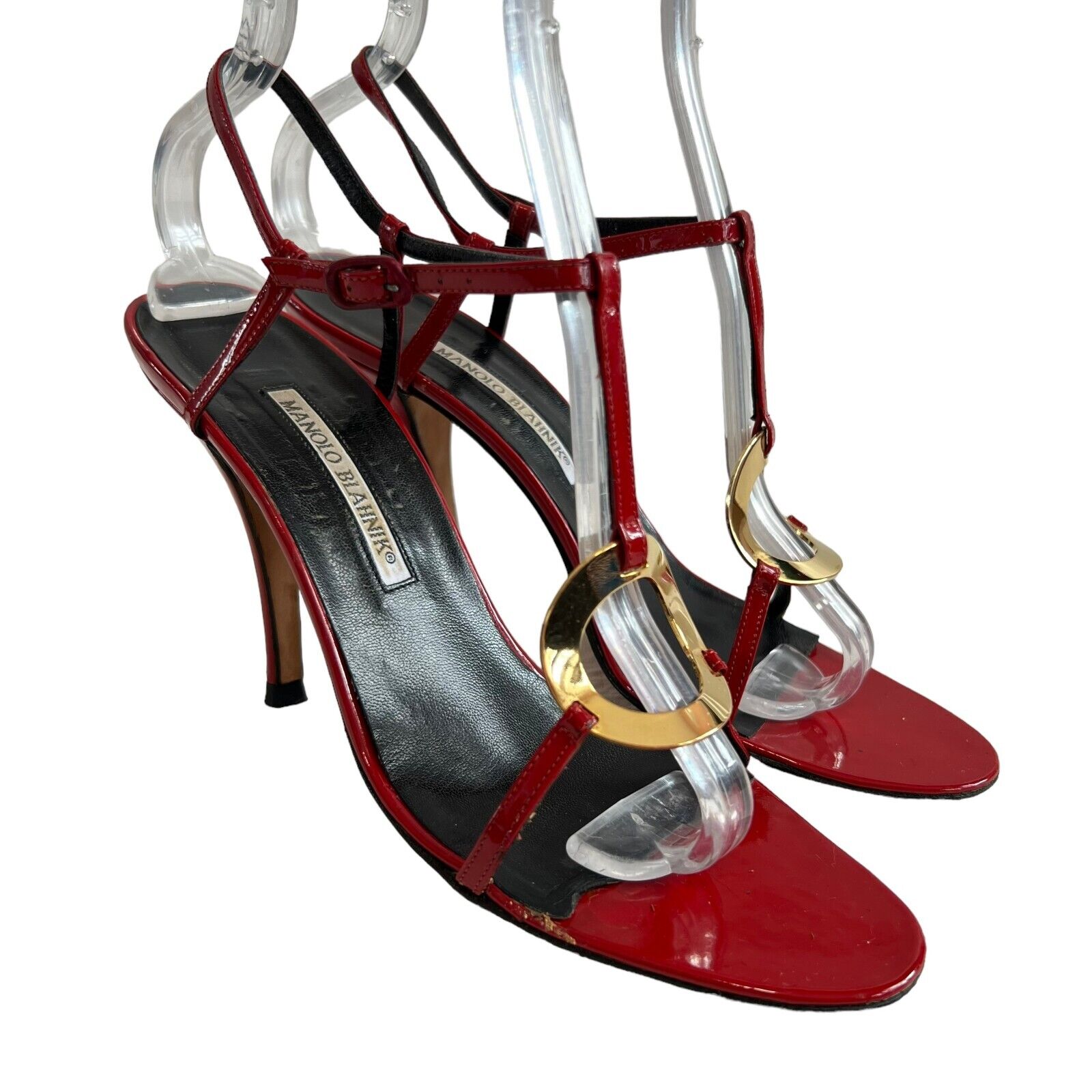 Manolo Blahnik high heel sandals 39.5 9.5 Yeta red patent leather gold ring