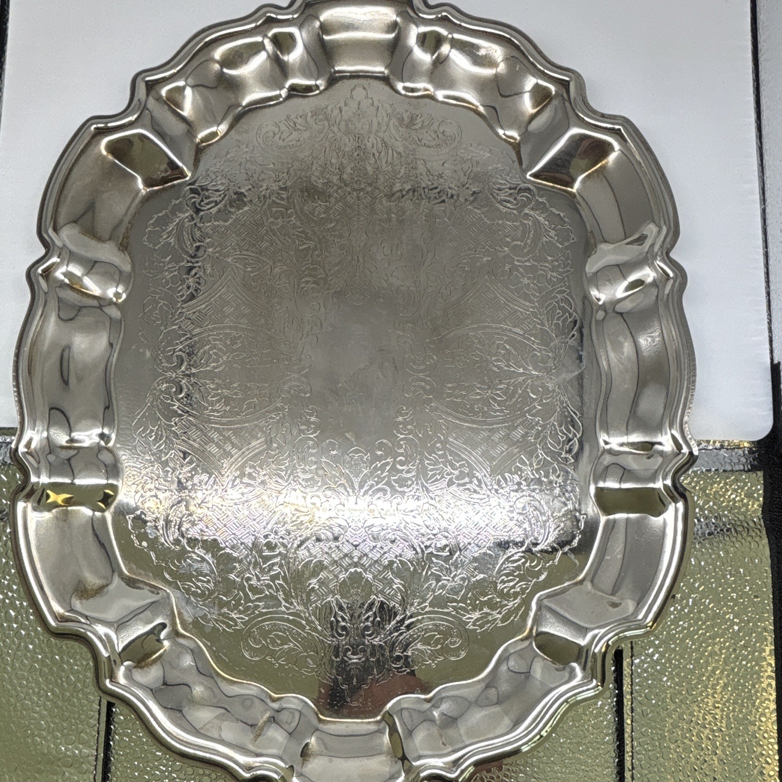 VTG Leonard EP Silverplate Floral Scalloped Serving Tray, Made in Italy, 11x14x1