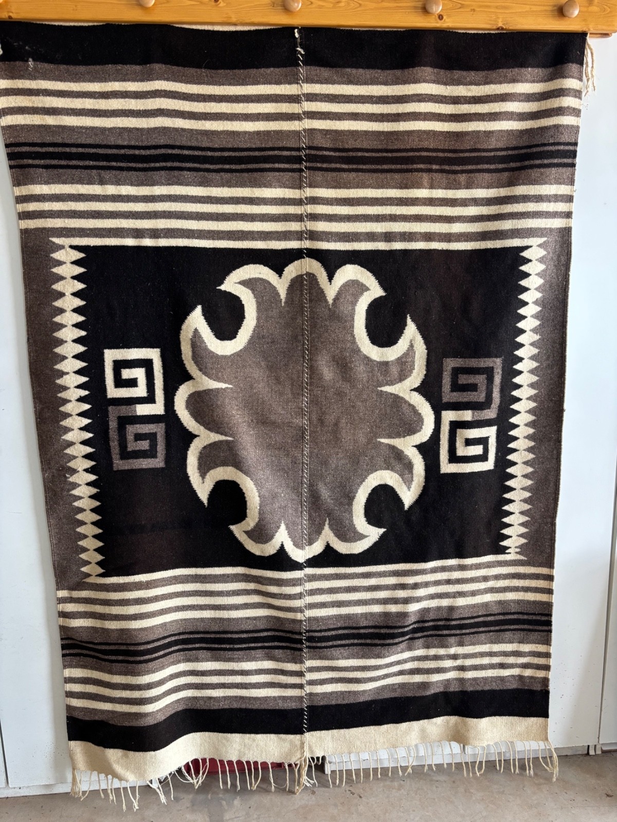 Vintage Mid Century Zapotec Wool Rug 54 x 80 Oaxaca Star Handwoven Tapestry