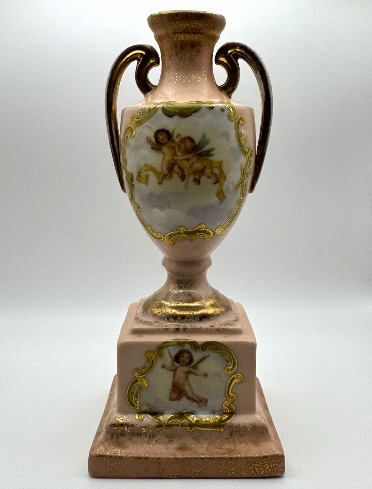 Antique Victoria Carlsbad Austria 7” Porcelain Cherub Urn Vase Gilt Handles