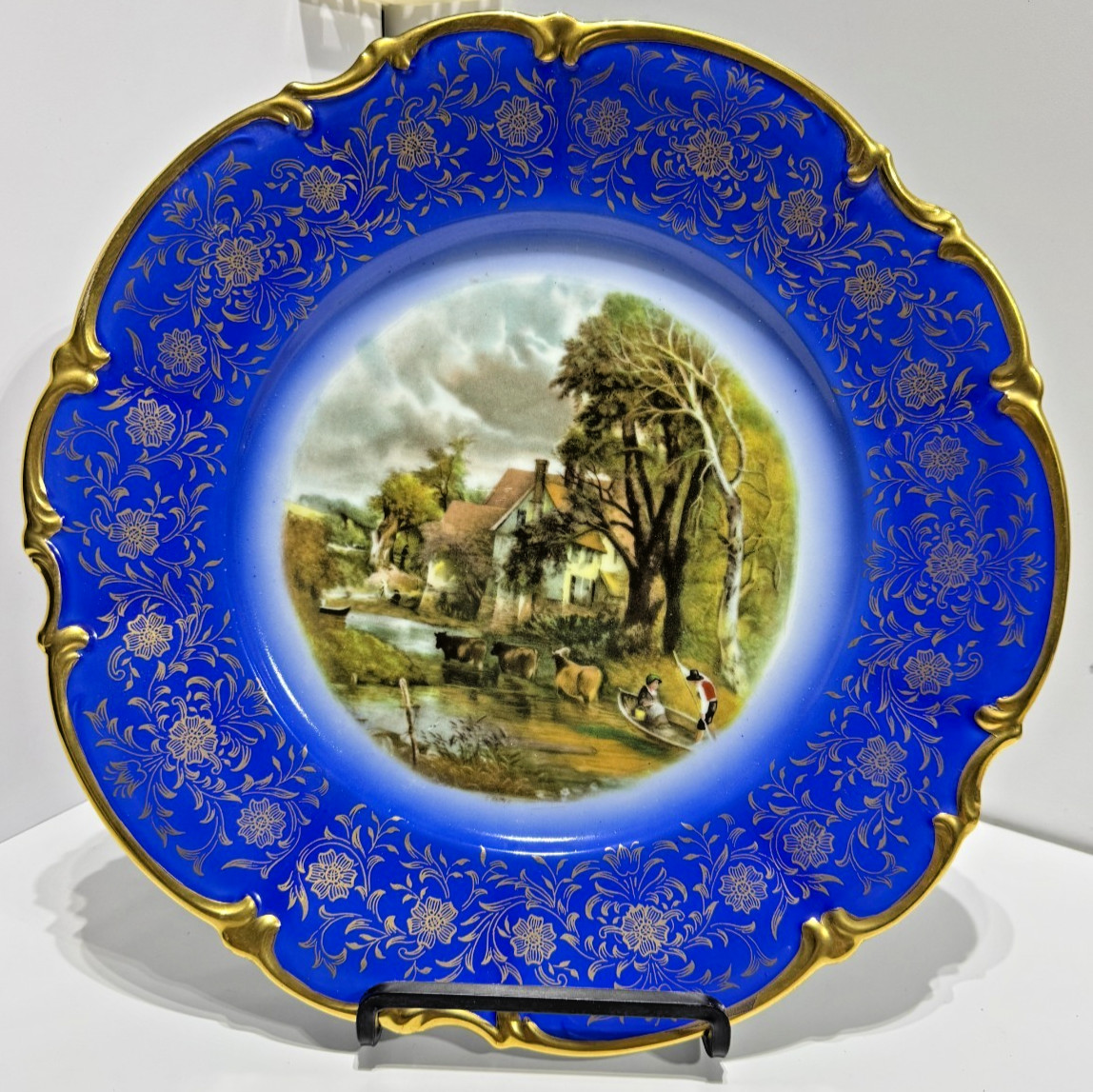 Vintage Waldershof Bavaria Handarbeit Collector Plate Cobalt Blue Gold Cottage