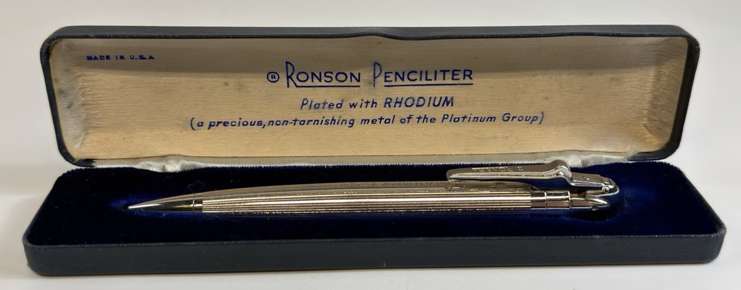 Vintage Ronson Penciliter Rhodium Plated Lighter Mechanical Pencil Box Works