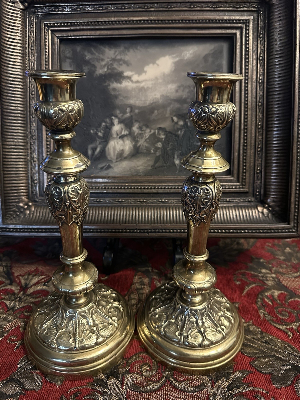 Pair Antique Louis XIV Style engraved Gilt Bronze Candlesticks 18th / 19th