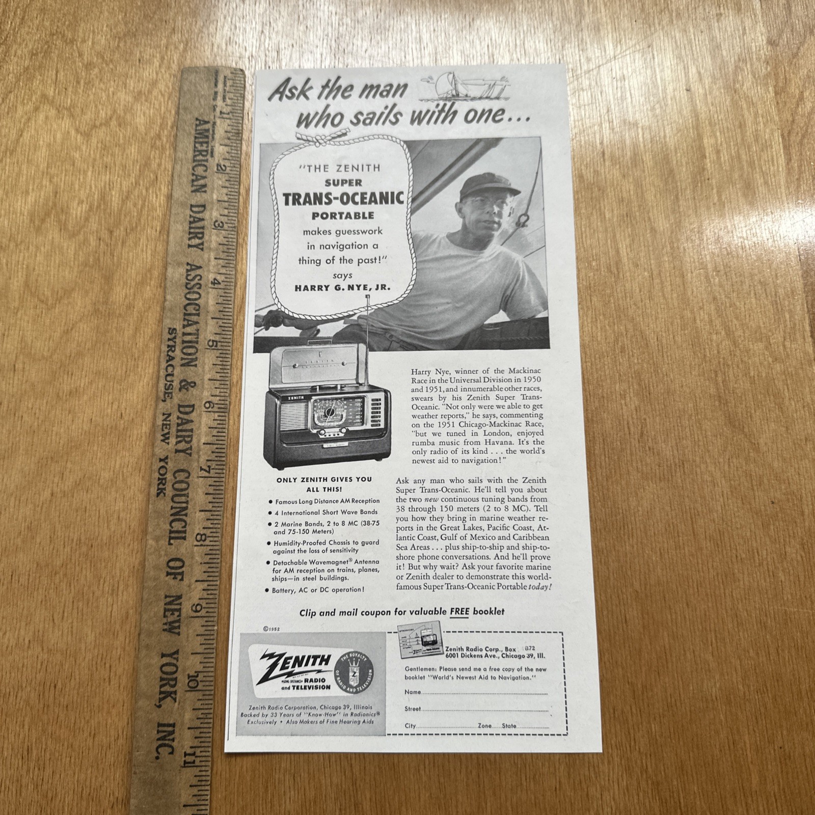 Vintage 1952 Zenith Super Trans-Oceanic Radio Harry G Nye Jr Sailboat Print Ad