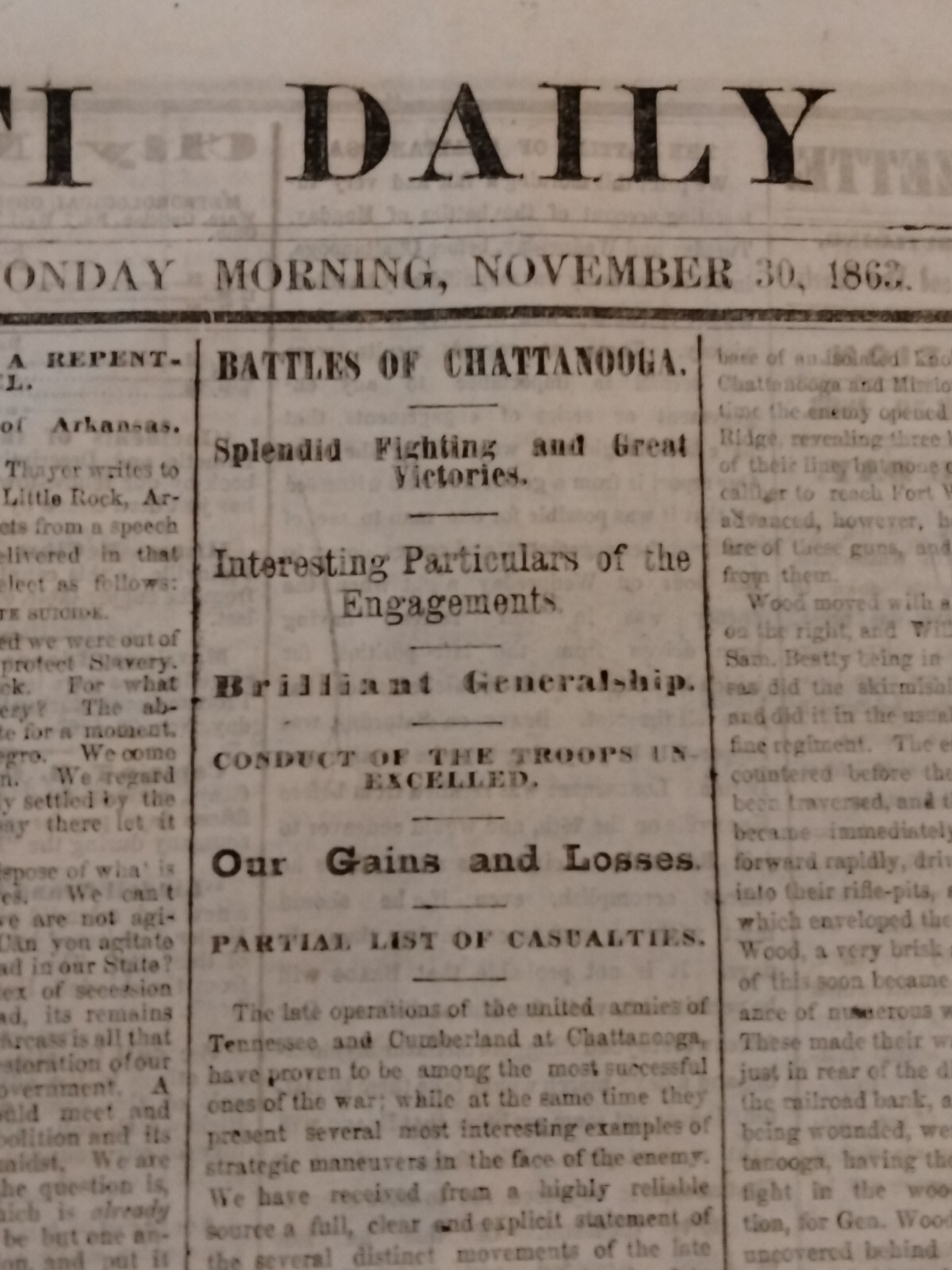 Civil War Newspapers- BATTLES AT CHATTANOOGA SPLENDID FIGHTING, GREAT VICTORIES