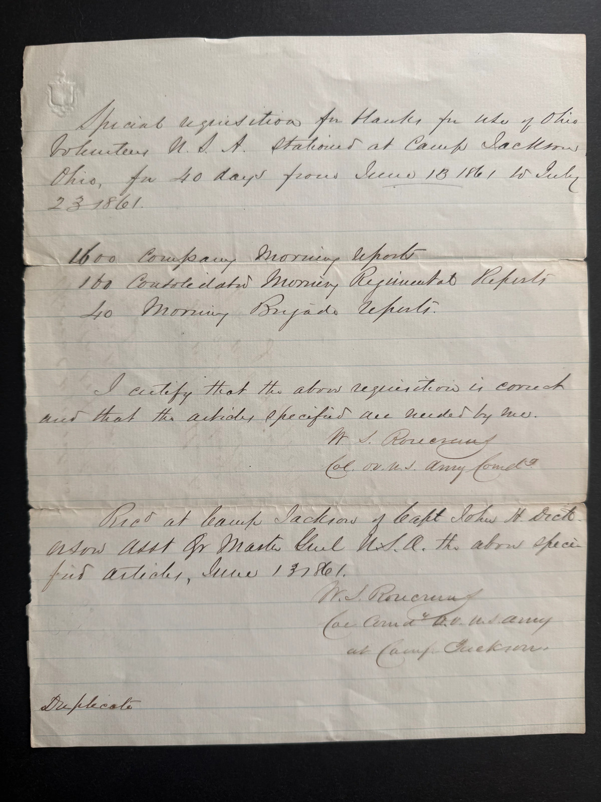 1861 William S. Rosecrans Twice-Signed Civil War Requisition—Commanding the