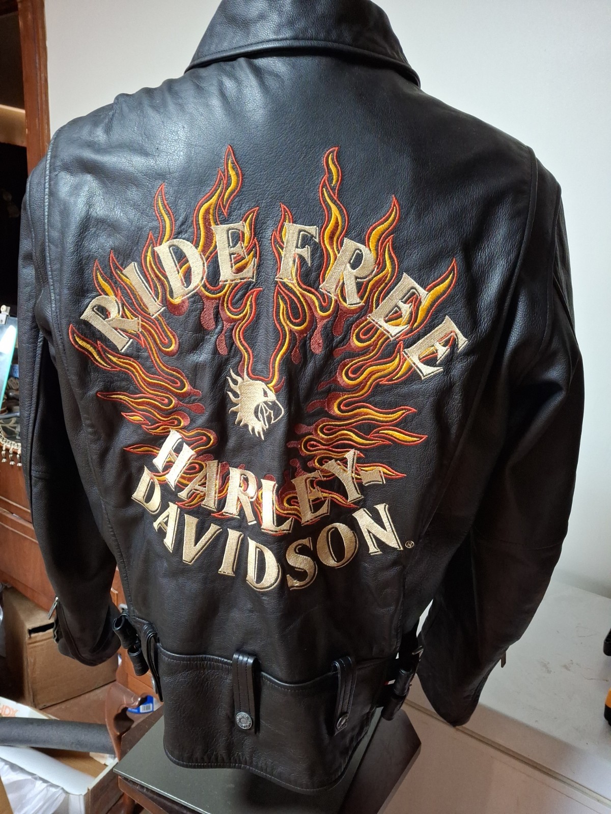 Vintage Harley Davidson Ride Free Leather Jacket Flaming Eagle Flames Mens  L 