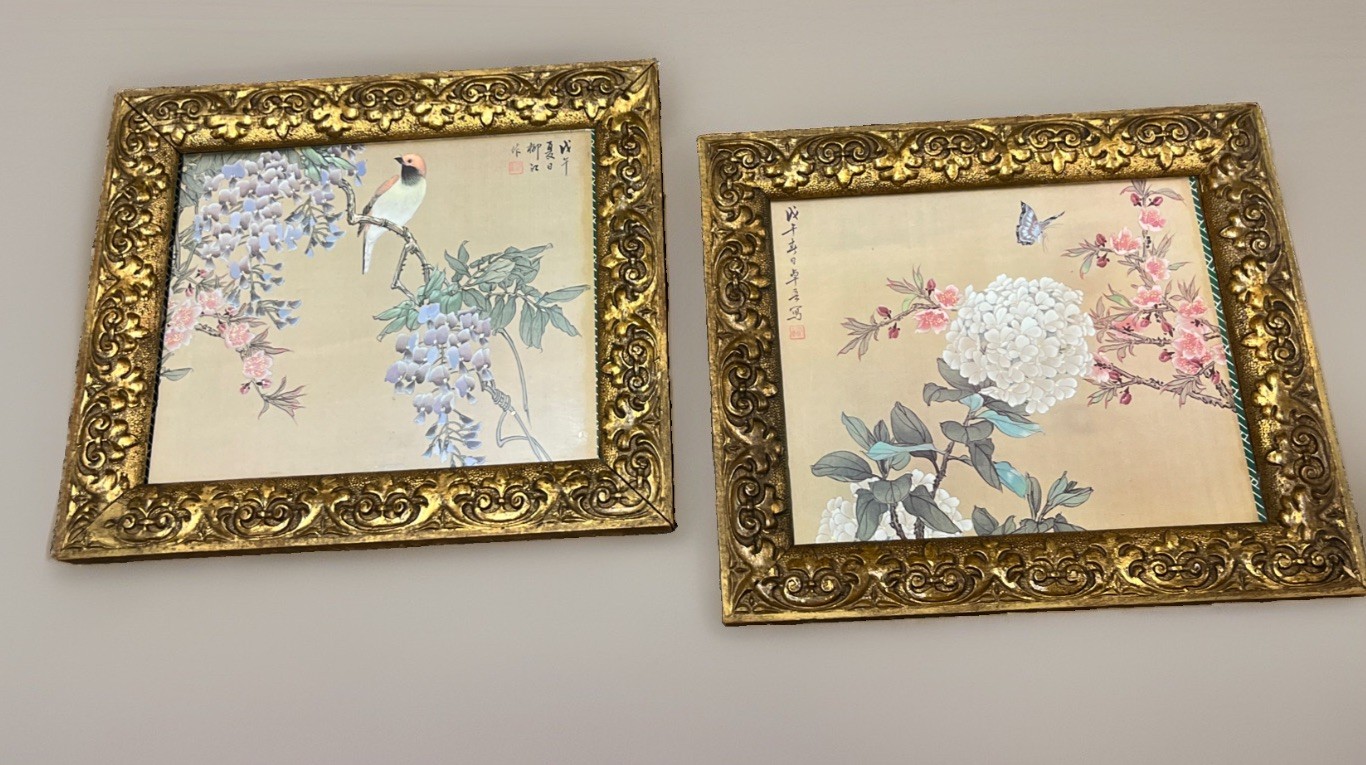 Pair Vintage 1978 Chinese Silk Paintings Flowers Birds Signed Liu Jiang Zhuowu