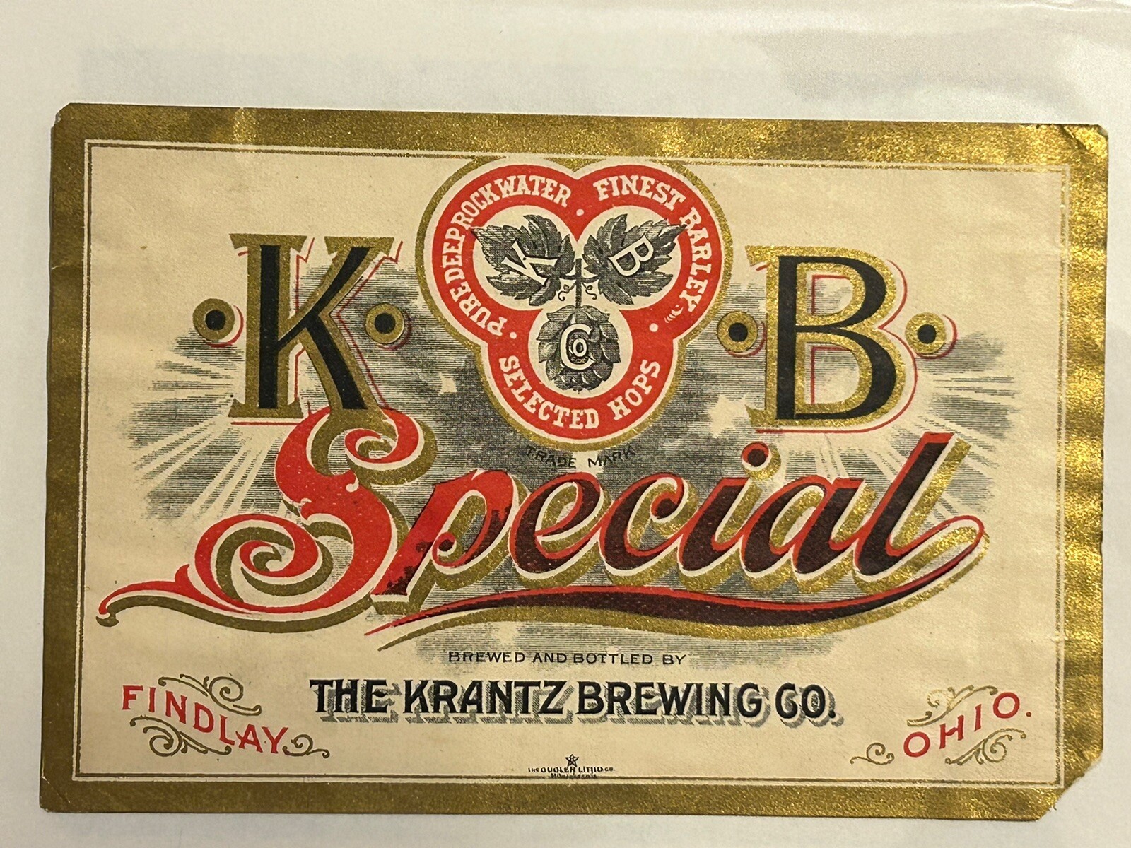 K B Special Beer-Krantz Brewing, Findlay, Ohio-unused Pre-Prohibition Label