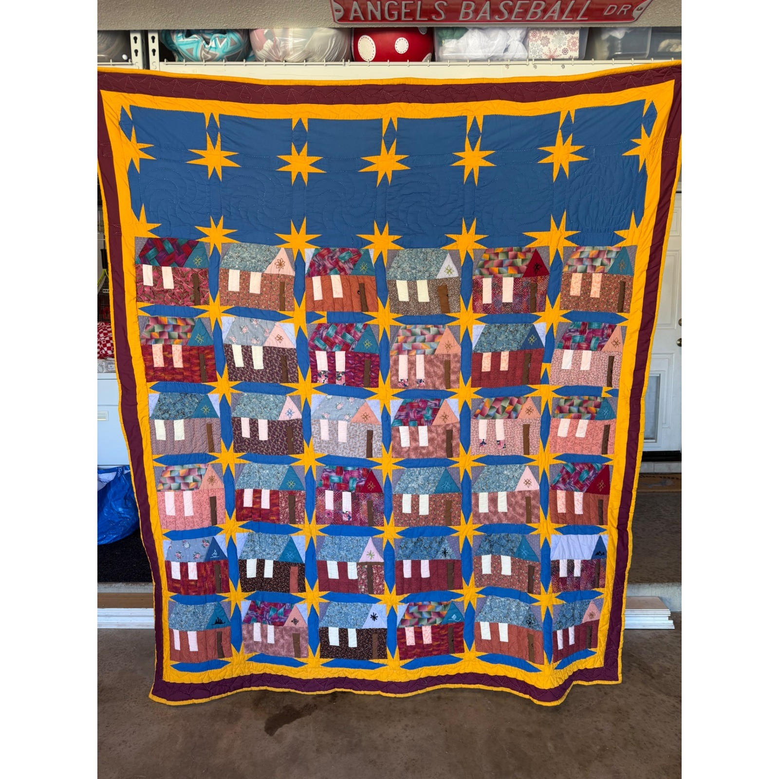 Vintage Handmade Schoolhouse Patchwork Quilt Blue Yellow Stars Folk Art 84\