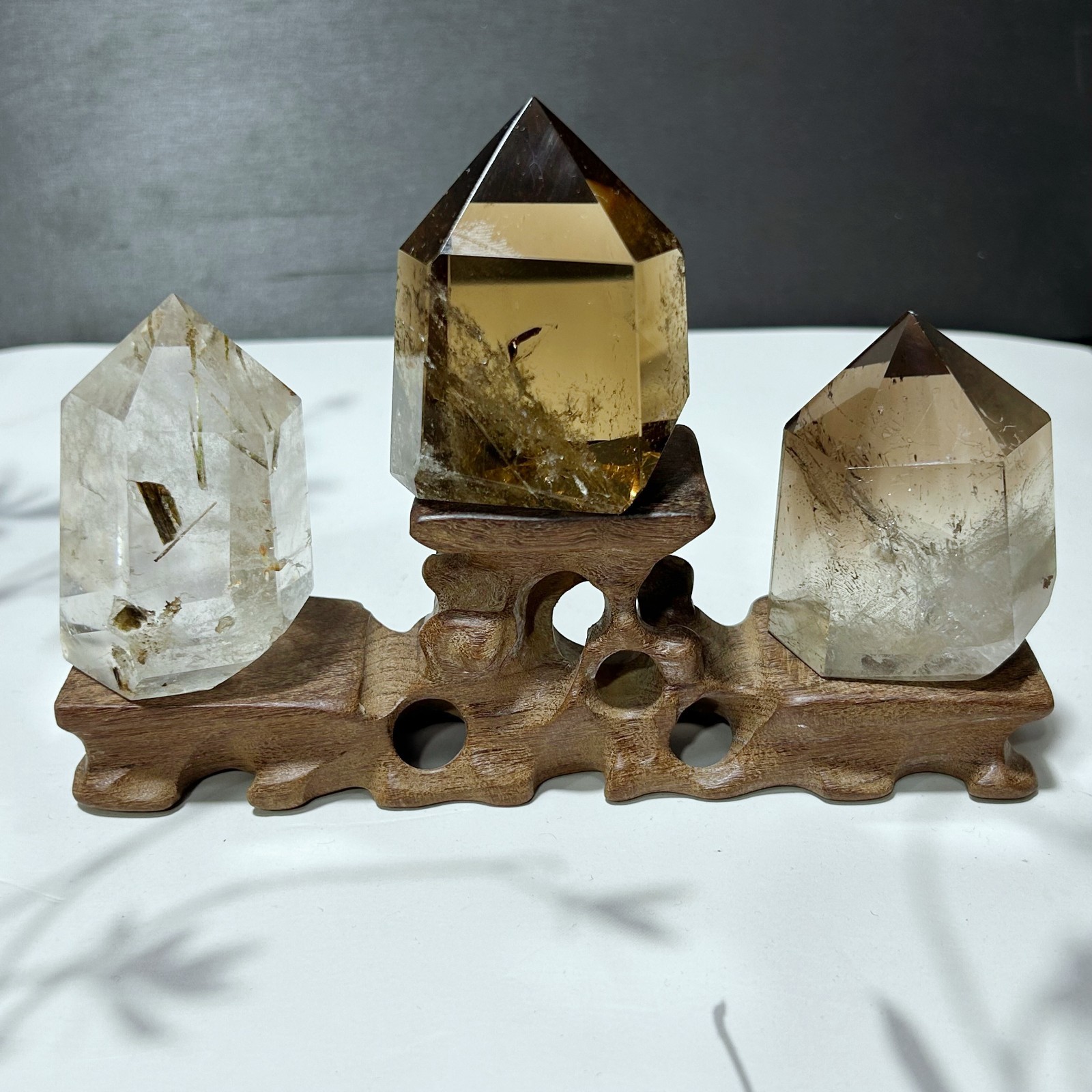 ALL 1.3LB Natural Smoky Quartz Obelisk Crystal Wand Point Healing 3pc +stand