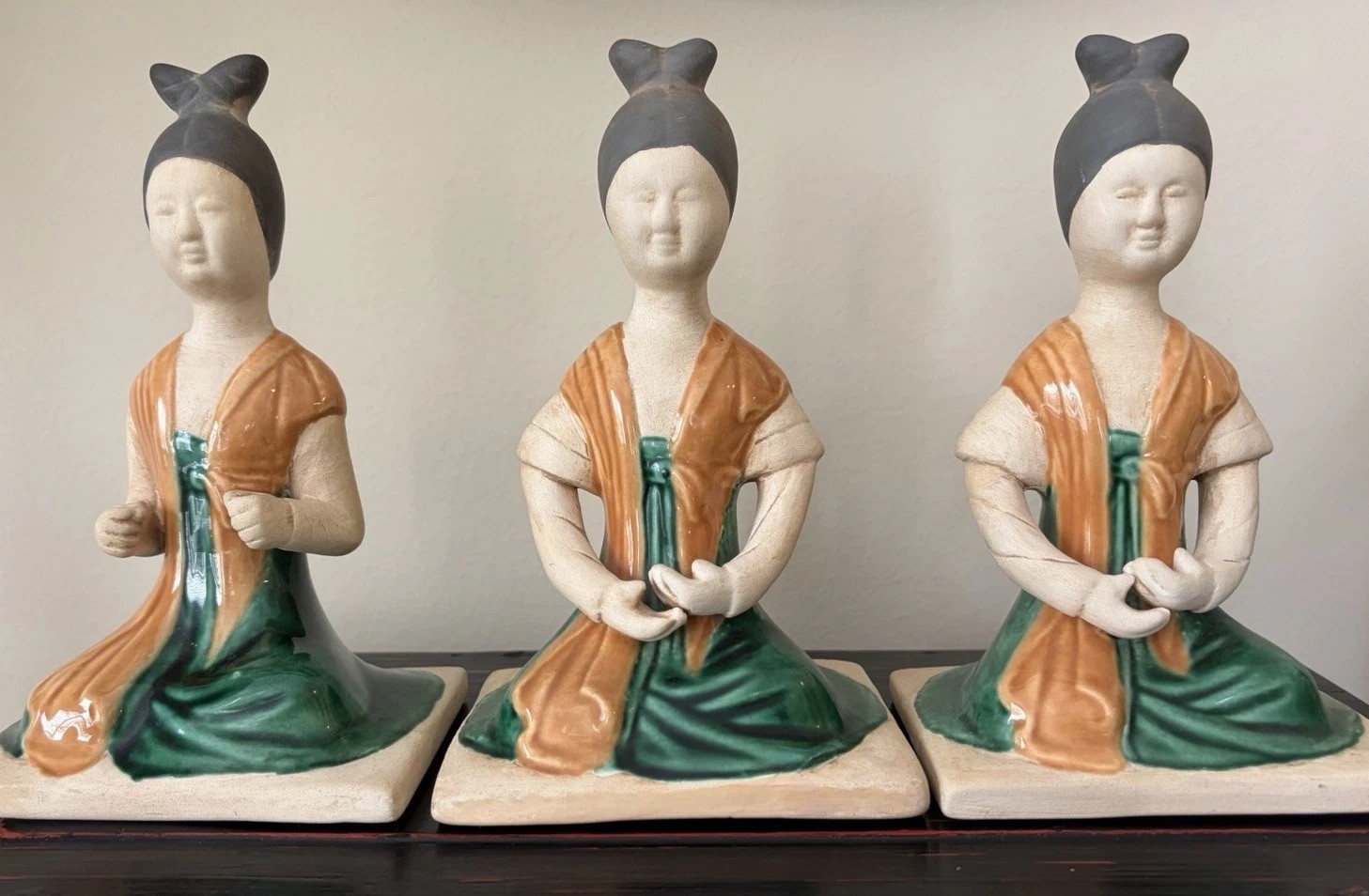 Vintage Chinese Sancai Tang Style Kneeling Lady Figurines Set of 3 Ceramic 7”