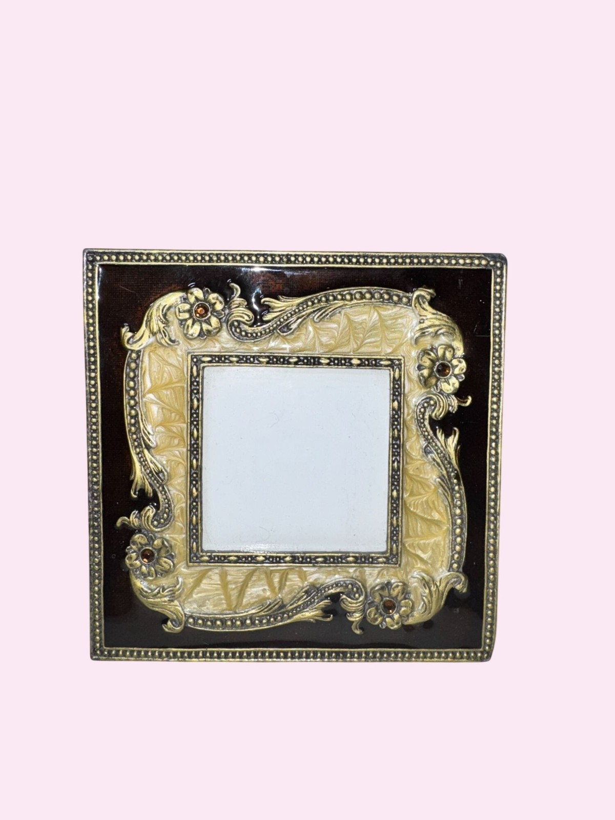 Vintage Ornate enamel Square Picture Frame Gold & Brown Embossed Floral Details