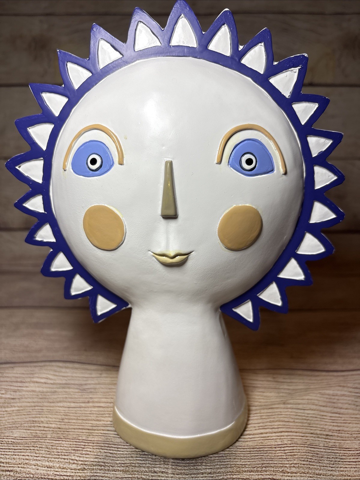 Tracy Boyd Resin Carved Sun Face Figurine 10.5x7.5” White Blue Yellow Boho Tracy Boyd Resin Carved Sun Face Figurine 10.5x7.5” White Blue Yellow Boho