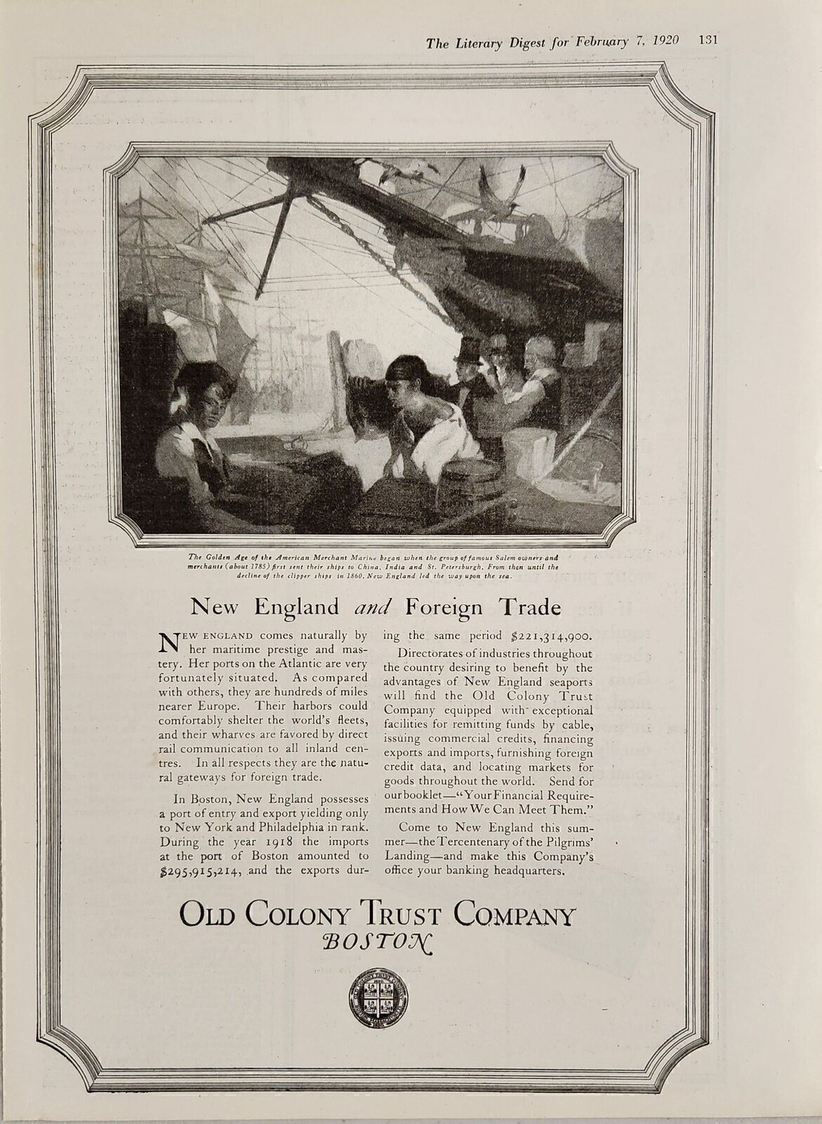 1920 Print Ad Old Colony Trust Company Boston,MA Merchant Marines around 1785