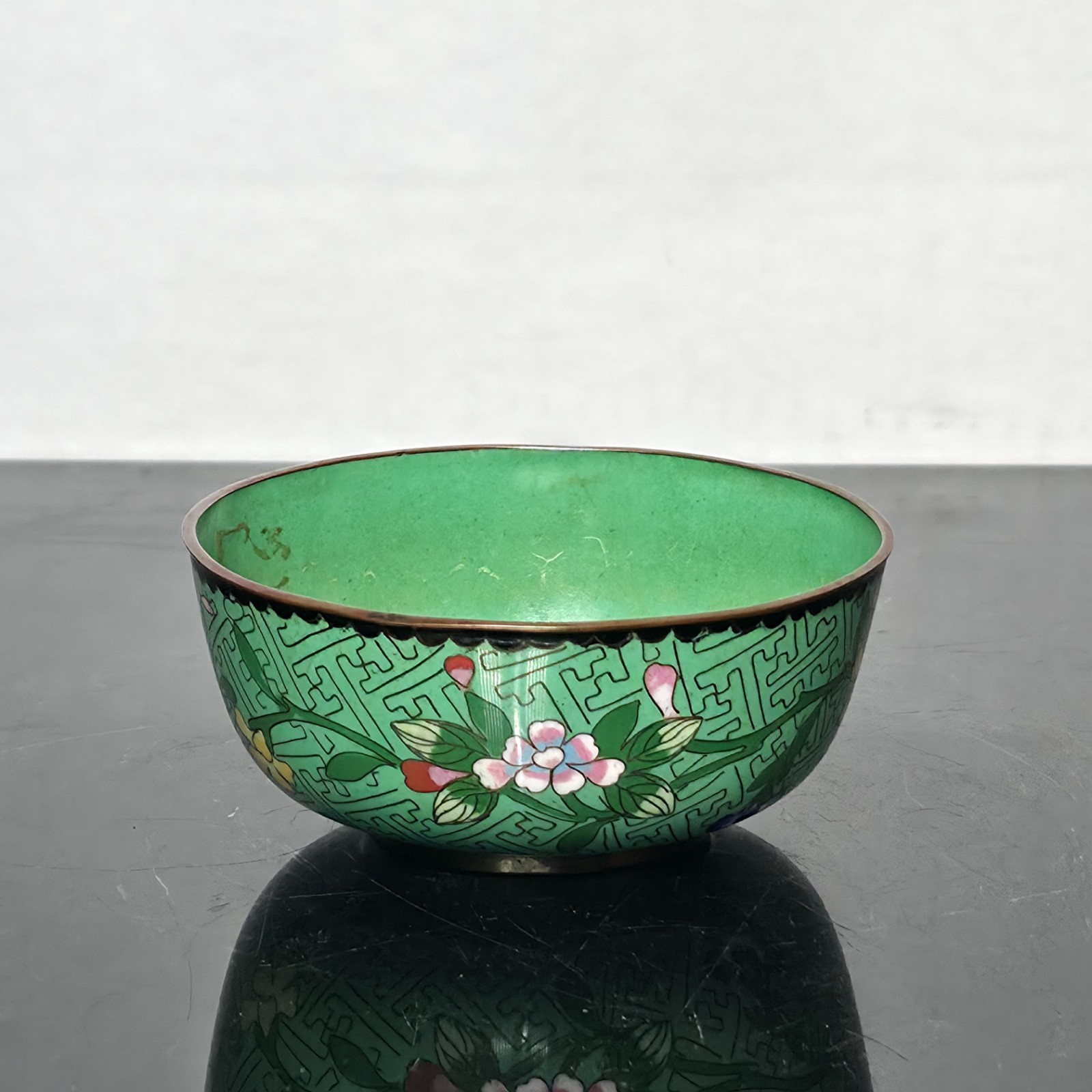 Vintage Chinese Cloisonne Enamel Floral Bowl Green Pink Flowers
