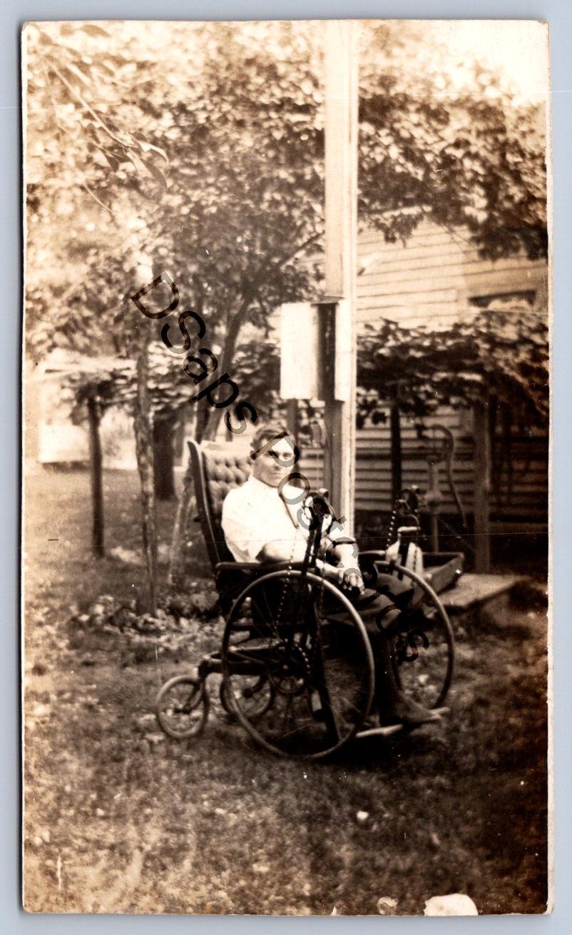 K60/ Interesting RPPC Postcard c1910 Early Chain Driven Wheelchair Handicap 7