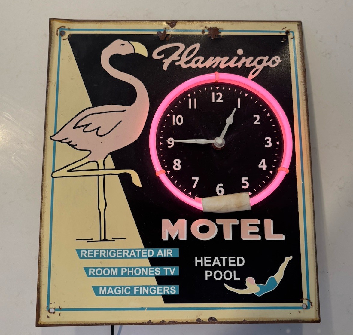 Flamingo Motel Neon Wall Clock Sign Decor Americana Kitsch Vibrant Unique Rare
