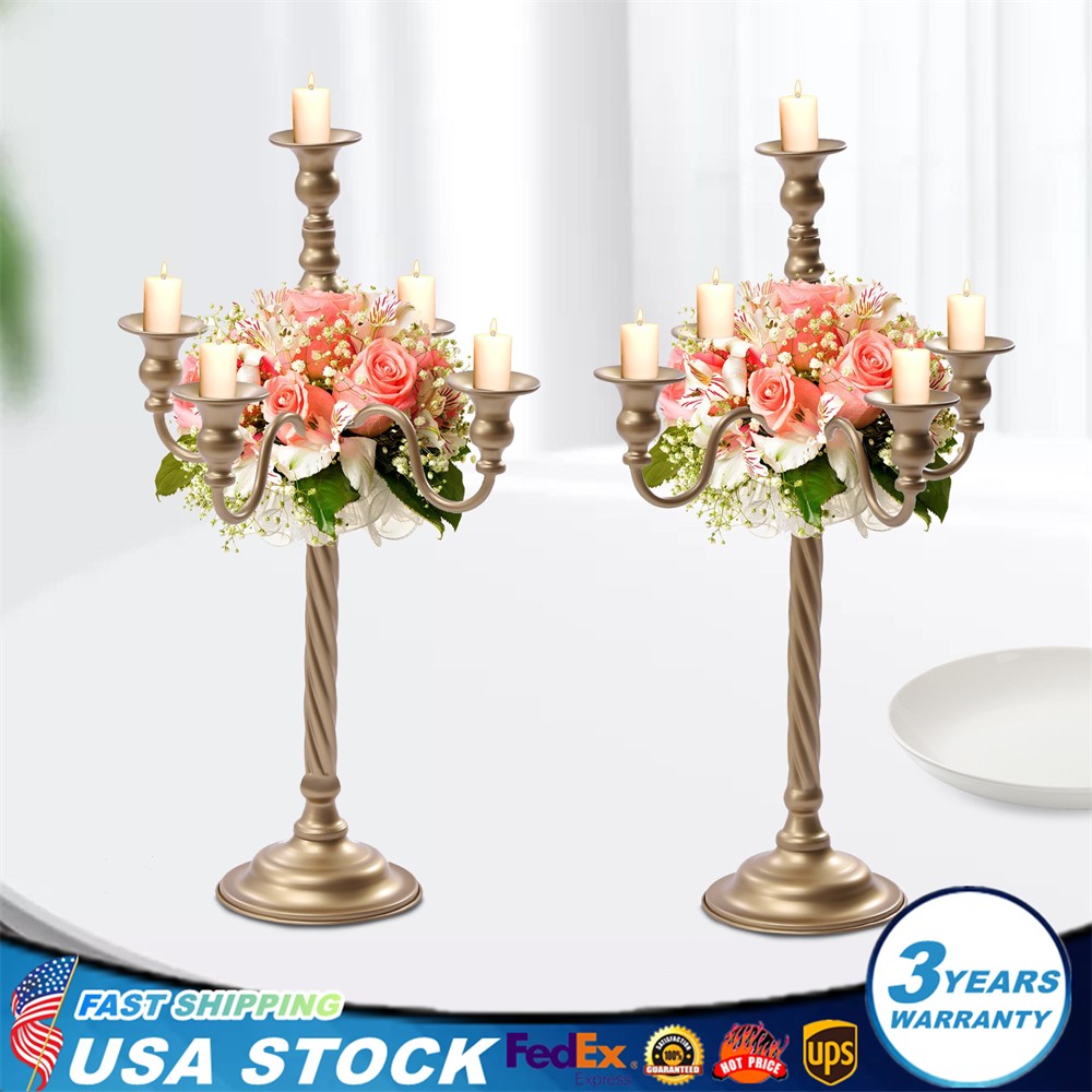 2 Pcs Gold Candelabra Candle Holder Centerpieces for Tables 5 Head Tall Candles