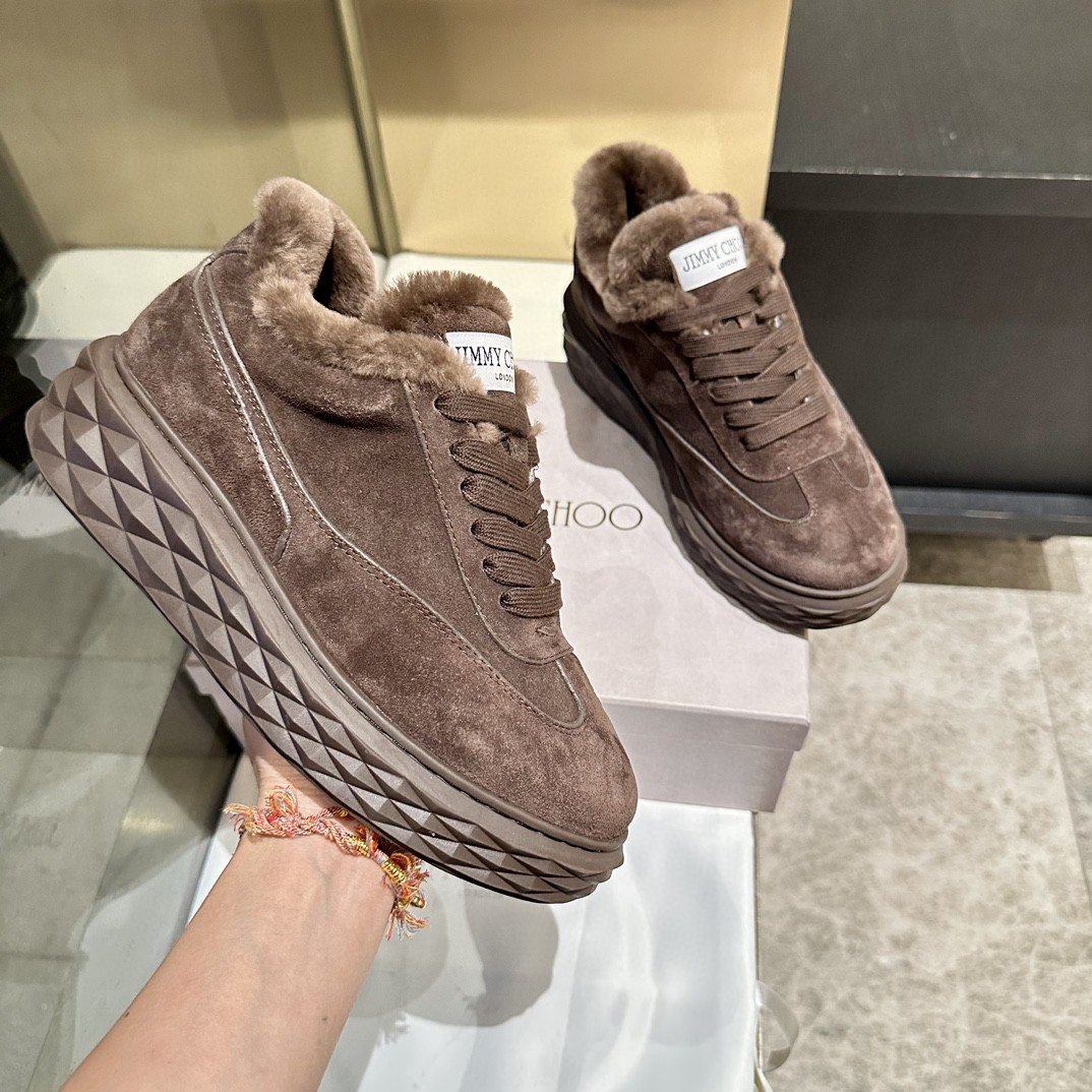 Jimmy Choo Diamond Maxi Retro F Chocolate Suede Low Top Trainers Shearling - NEW