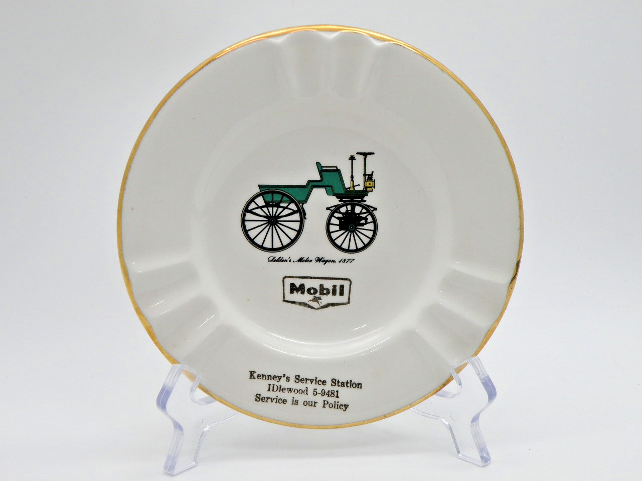 Vtg Seldens Motor Wagon 1877 Mobil Advertising Ashtray Kennys Service Station 6\