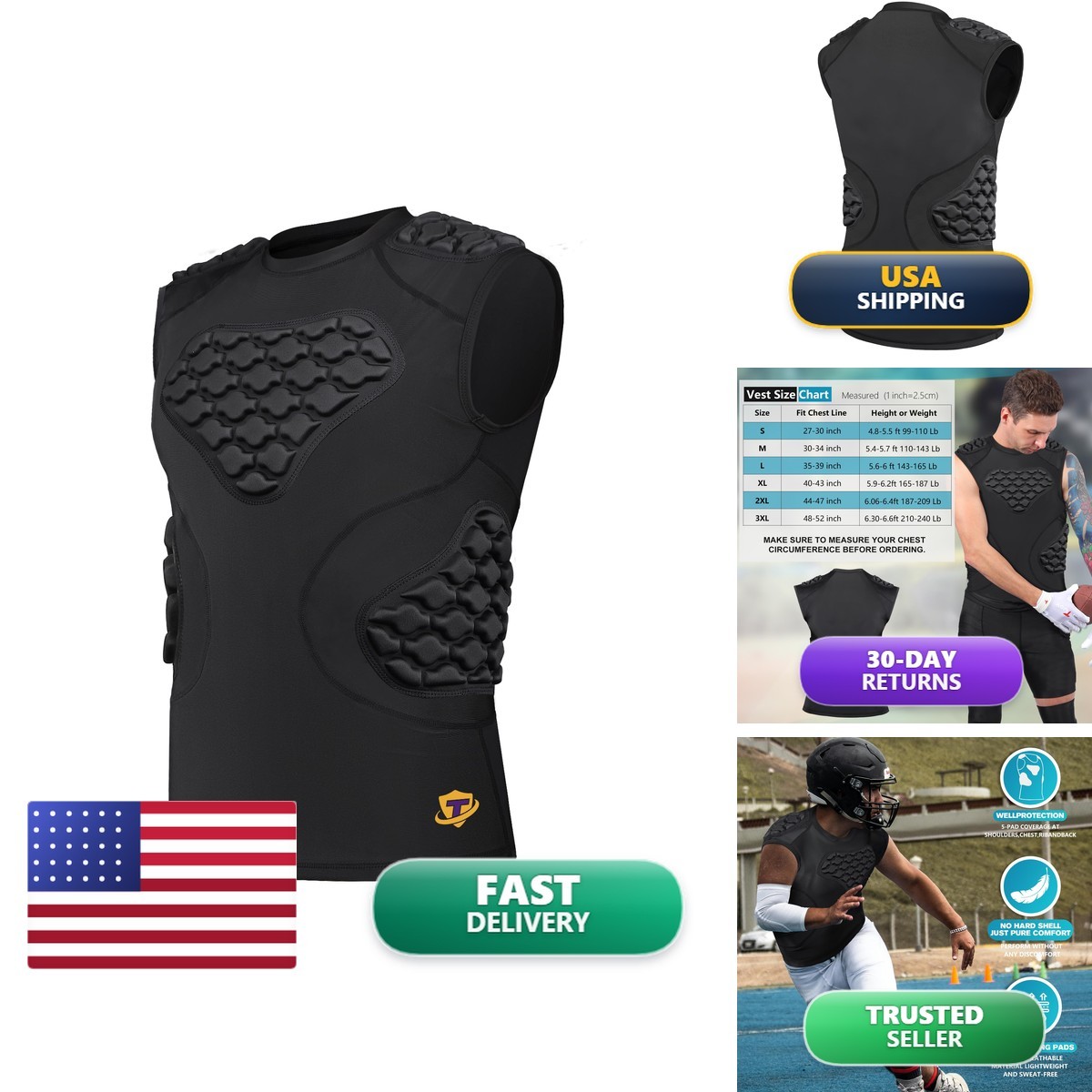 TUOY Padded Compression Sleeveless Rib Protector 5-Pad Football Baseball