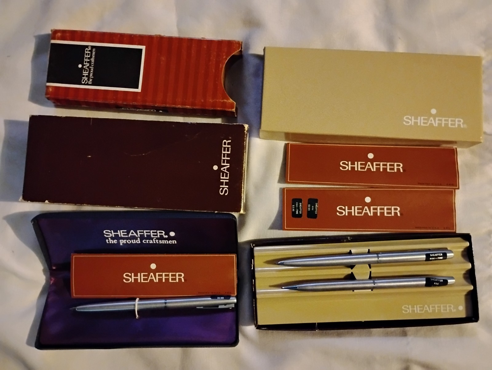 2 VINTAGE WHITE DOT SHEAFFER TRIUMPH 444 BALL POINT PEN/PENCIL SETS