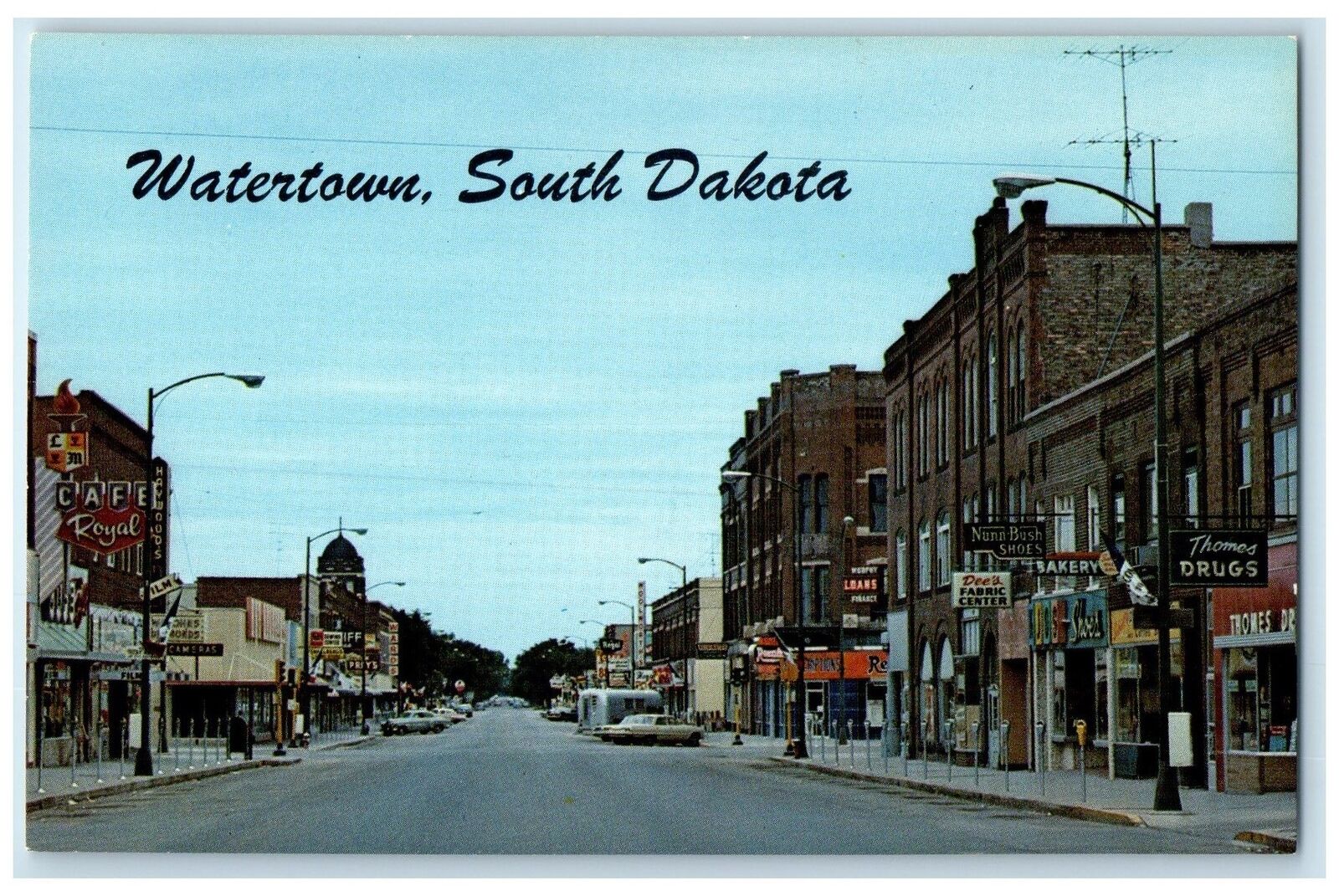 c1950's Lake City Town Buildings Classic Cars Watertown South Dakota SD Postcard