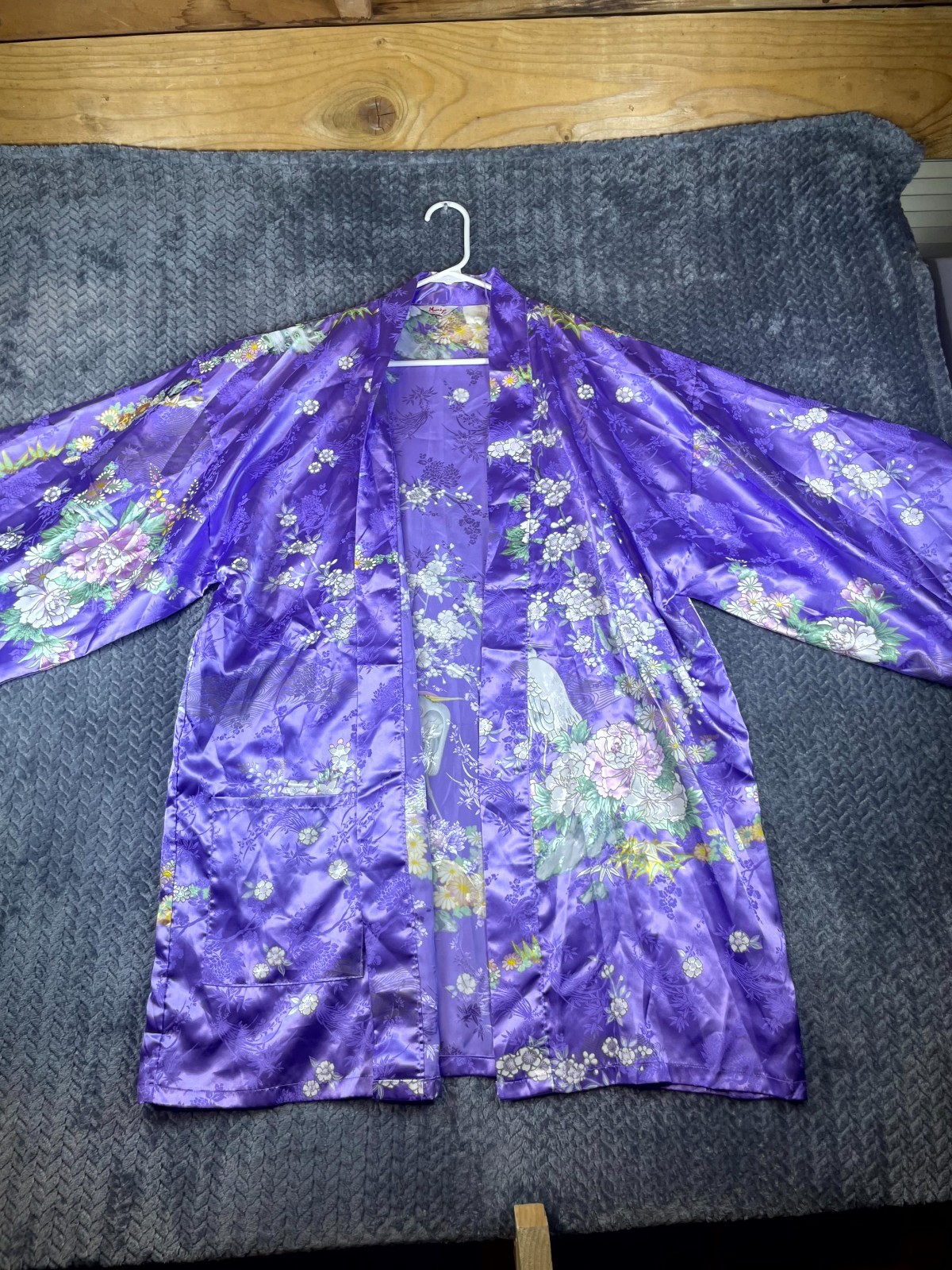 Vintage Marukyo Kyoto Tokyo Japanese Kimono Women Purple Floral Crane Satin