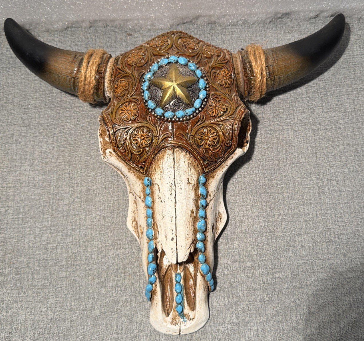 Western Star Tooled Leather Steer Bison Buffalo Bull Cow Horned Skull Wall Decor Western Star Tooled Leather Steer Bison Buffalo Bull Cow Horned Skull Wall Decor