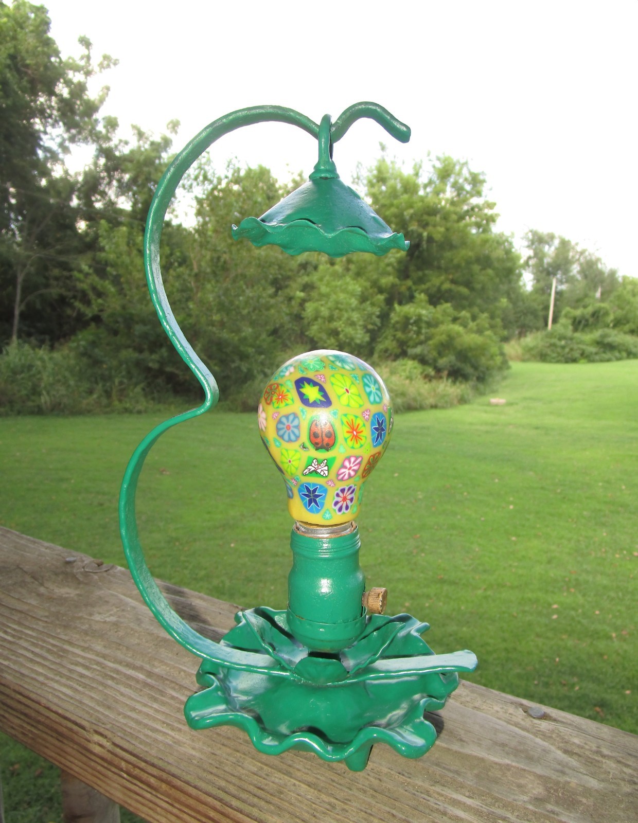 Fun Vtg. Good Witches Hat Painted Wrought Iron Lamp & Flowery Ladybug Light Bulb