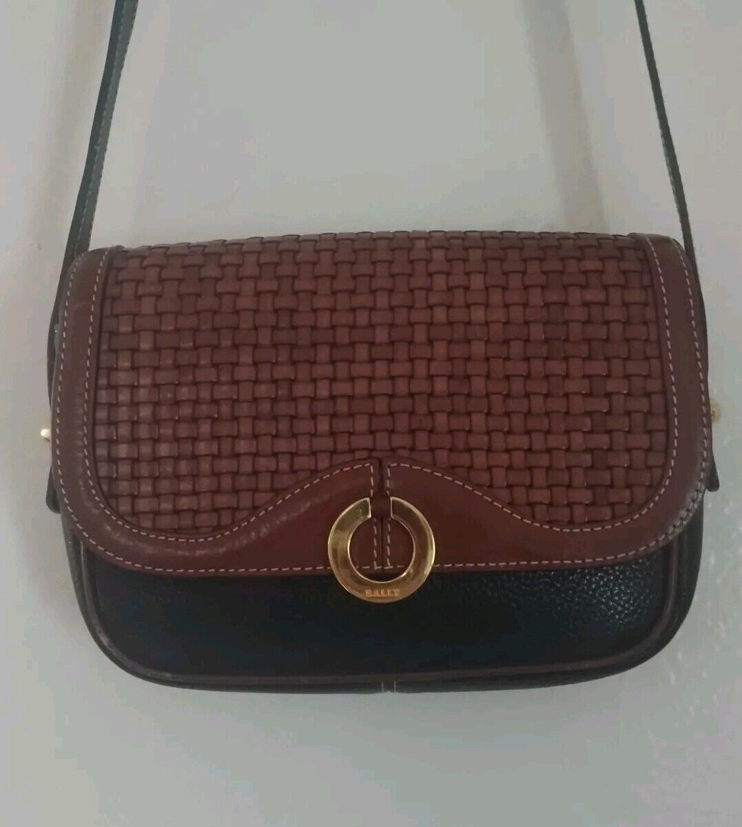 Bally Brown Woven And Black Pebbled Leather Crossbody Purse New w/o Tags