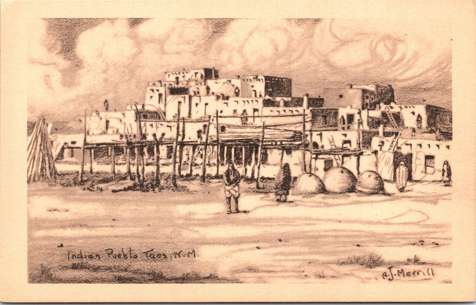 A/S Arthur J. Merrill Postcard NM Taos Rio Grande Indian Pueblo 1940s V245 A/S Arthur J. Merrill Postcard NM Taos Rio Grande Indian Pueblo 1940s V245