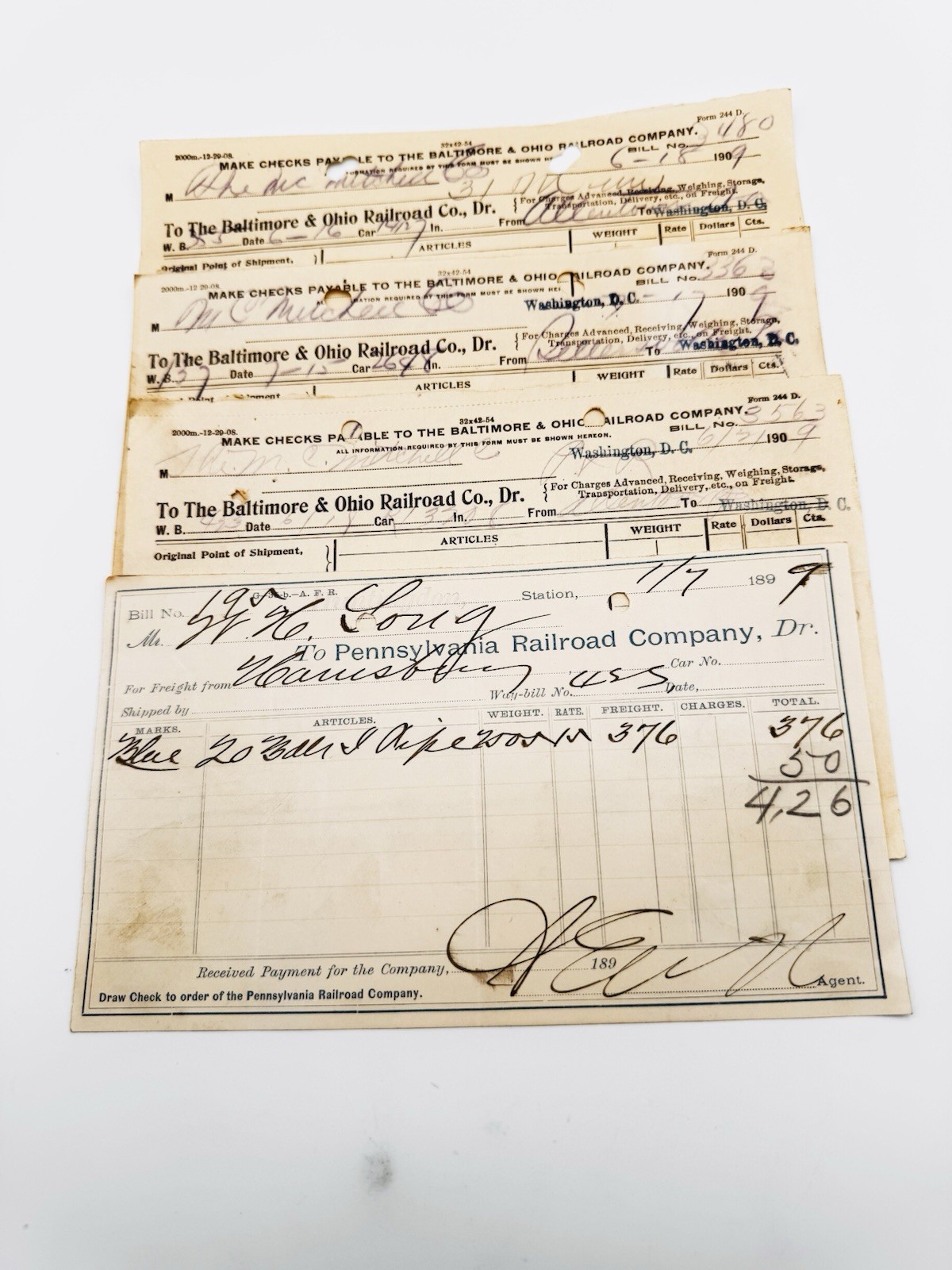 Antique Railroad Freight Bills Lot of 4 1890s-1910 Baltimore & Ohio PRR Ephemera