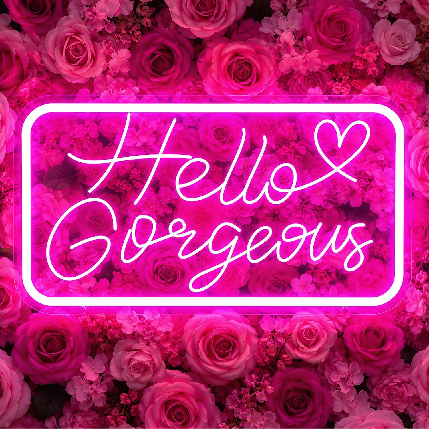 Hello Gorgeous Neon Sign, Pink LED Desk & Wall Decor Sign with Stand, Dimmable N