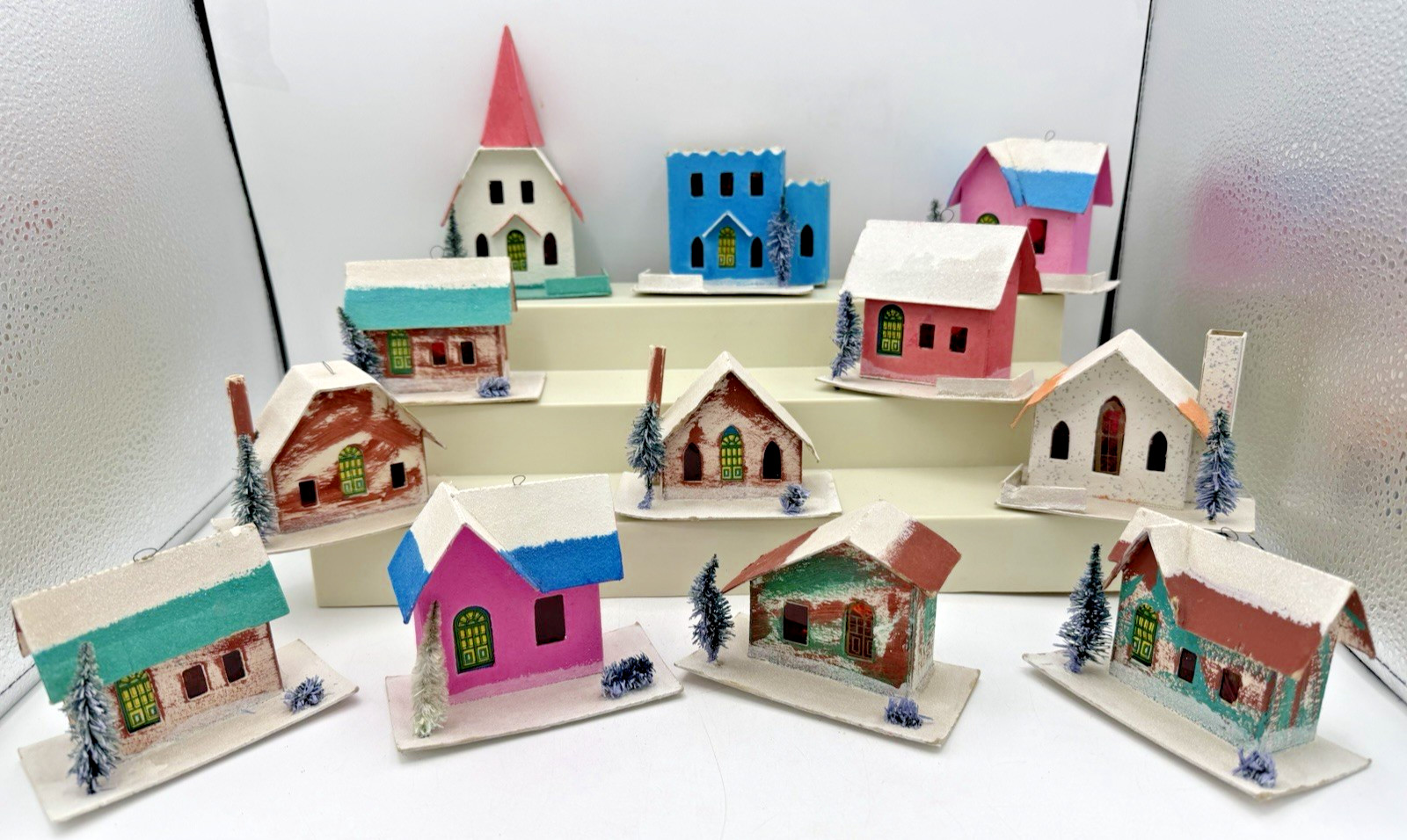 12 Vintage Putz Paper Cardboard Village Houses  Church Made in Japan 1950s