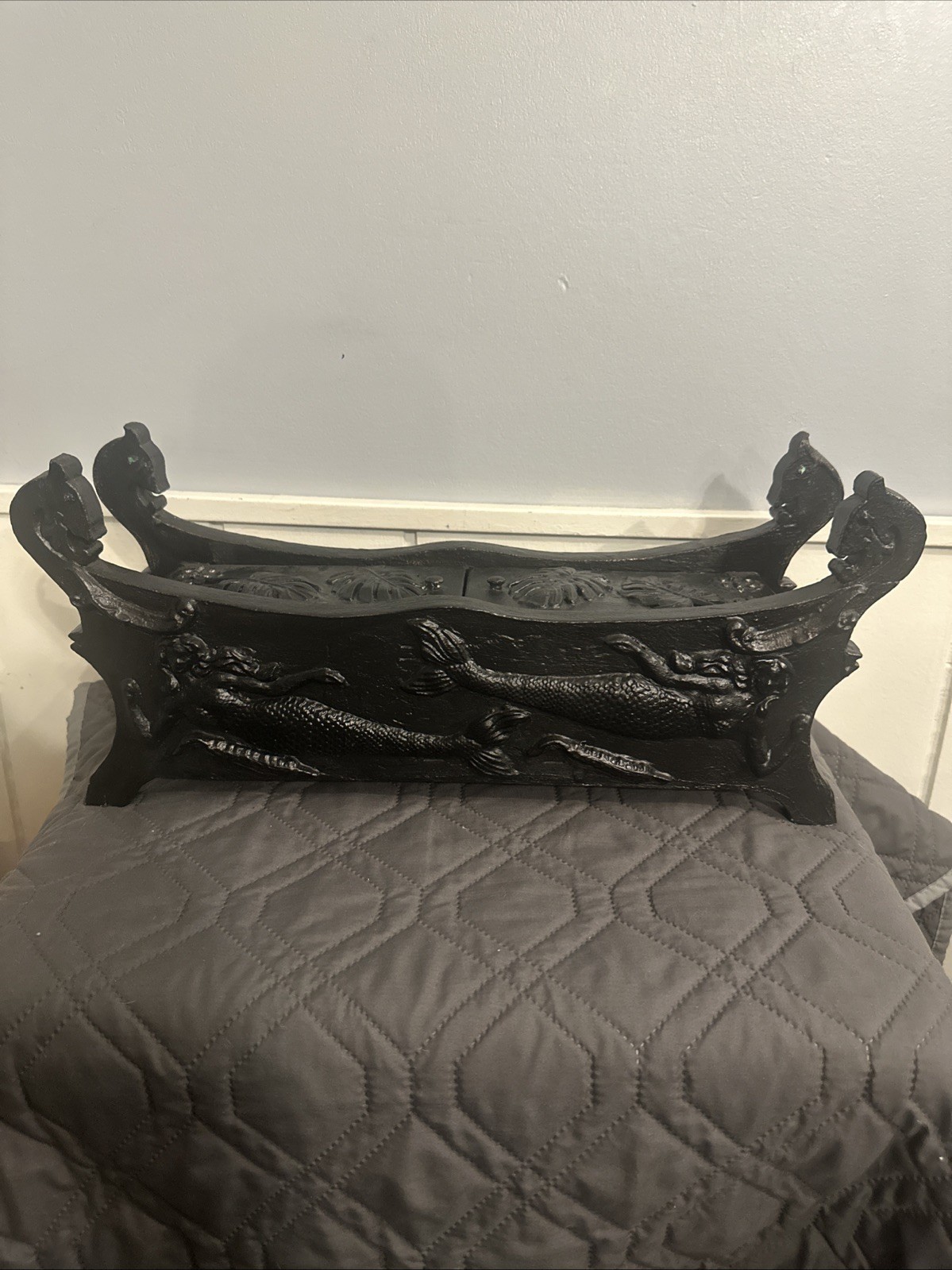 Vintage Hand Carved Wood Mermaid Desk Organizer Box Felt Lined Letter Tray Caddy