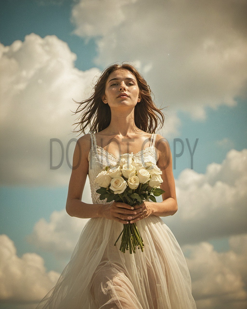 Bride White Roses Dreamy Sky Flowing Dress Romantic Fantasy Art Print