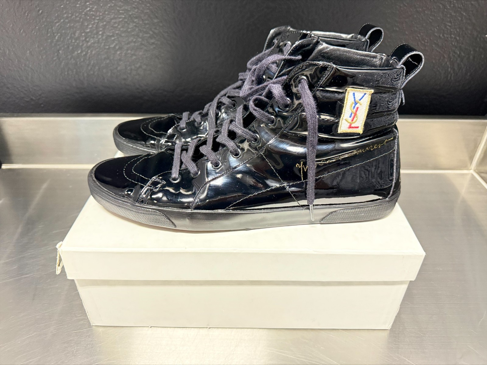 Yves Saint Laurent YSL Rolling Sneaker Black Patent Leather Men EU 46 US 13 Box