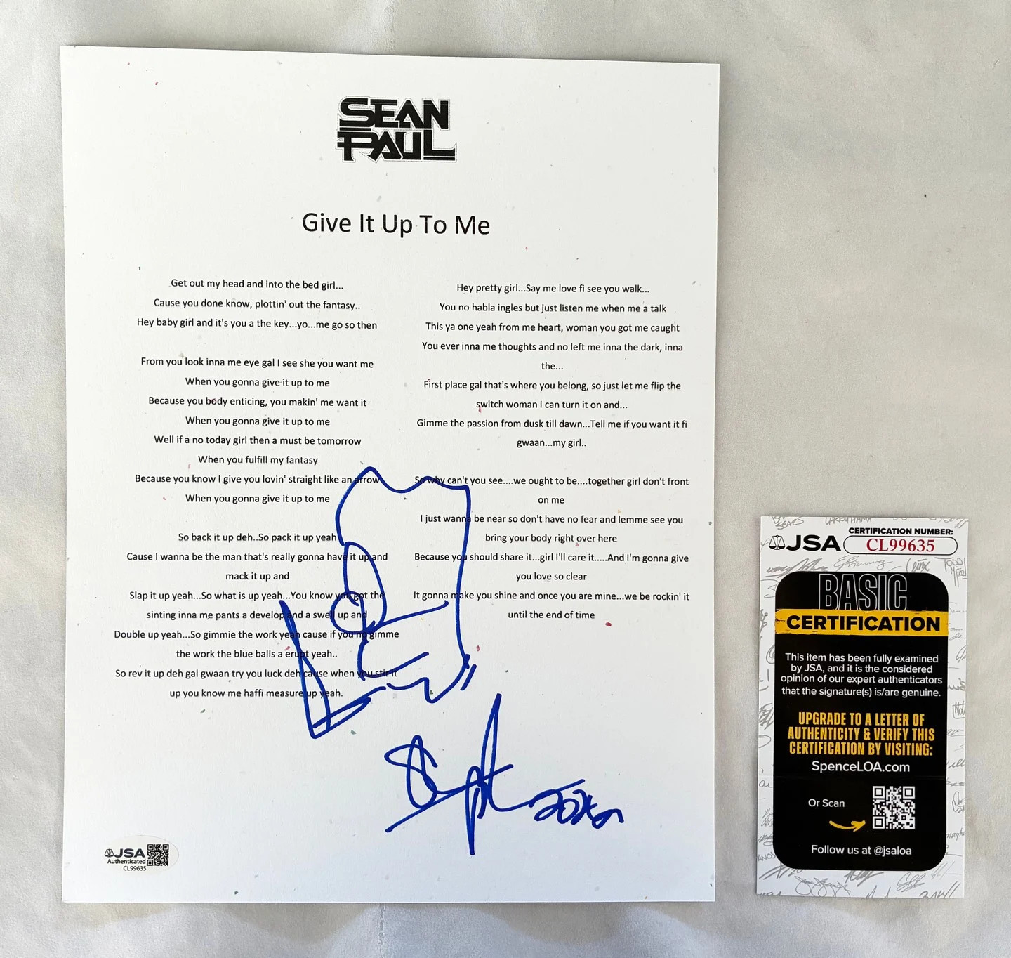 Sean Paul Signed Lyric Sheet Give It Up To Me JSA 1 COA