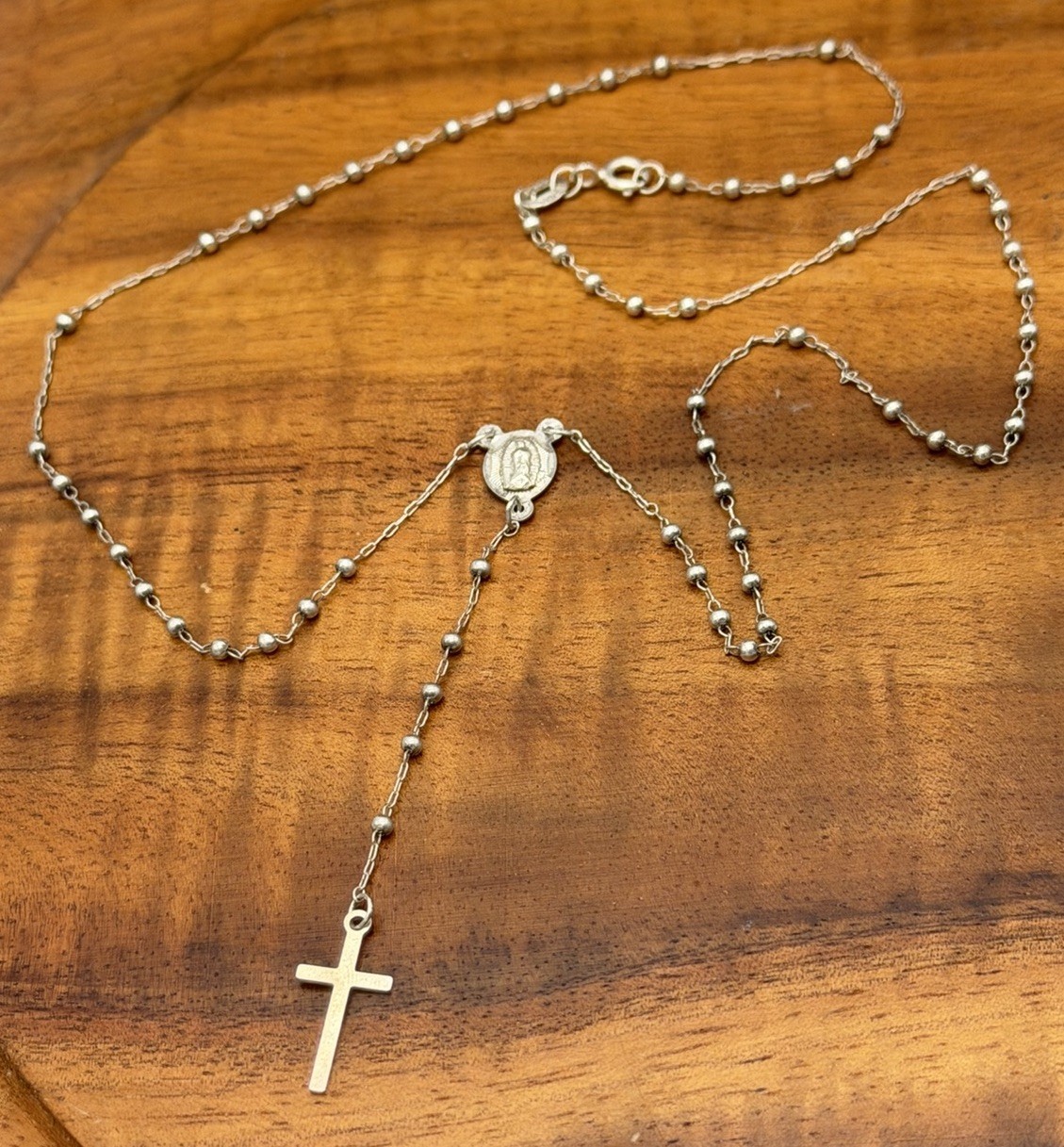 Vtg Sterling Silver Rosary Virgin Mary Necklace Religious 18” 925 MX Christian